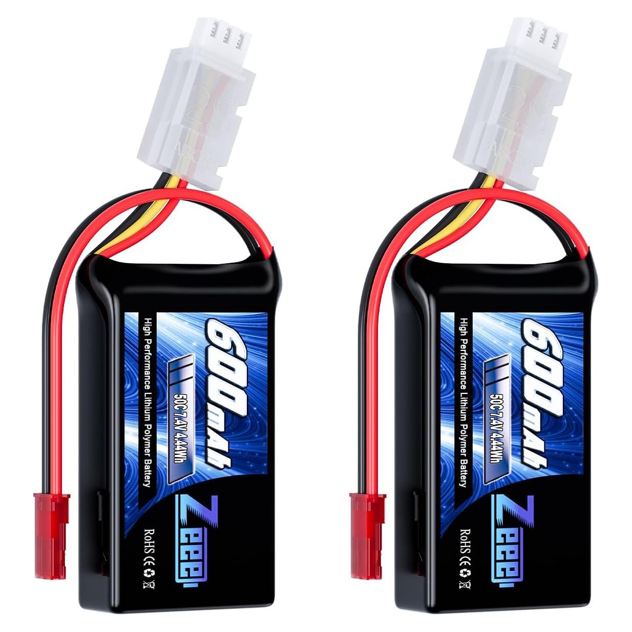 Batería Lipo Zeee 2S 600mAh 7.4V 50C con conector JST - Paquete de 2