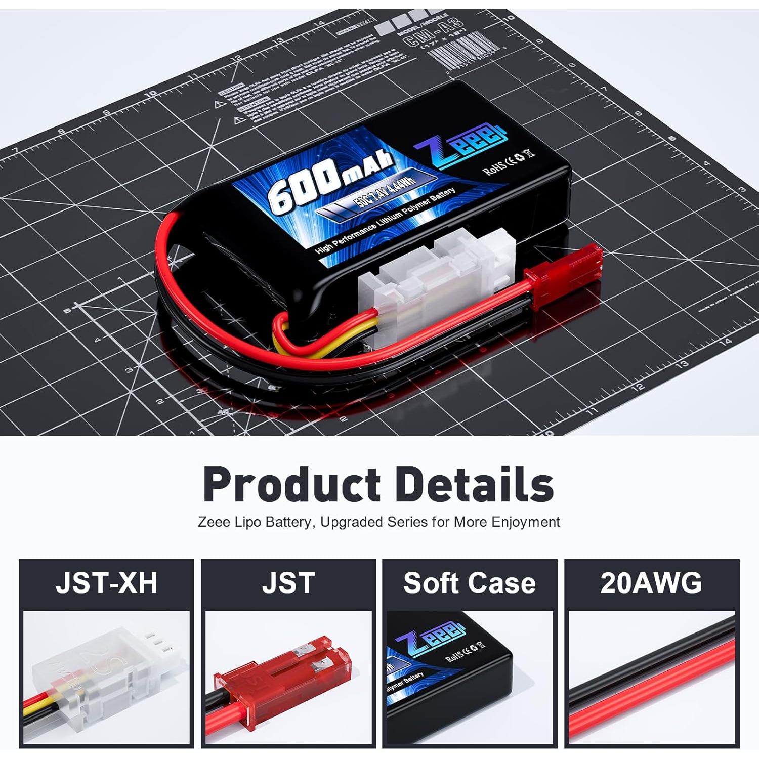 Batería Lipo Zeee 2S 600mAh 7.4V 50C con conector JST - Paquete de 2