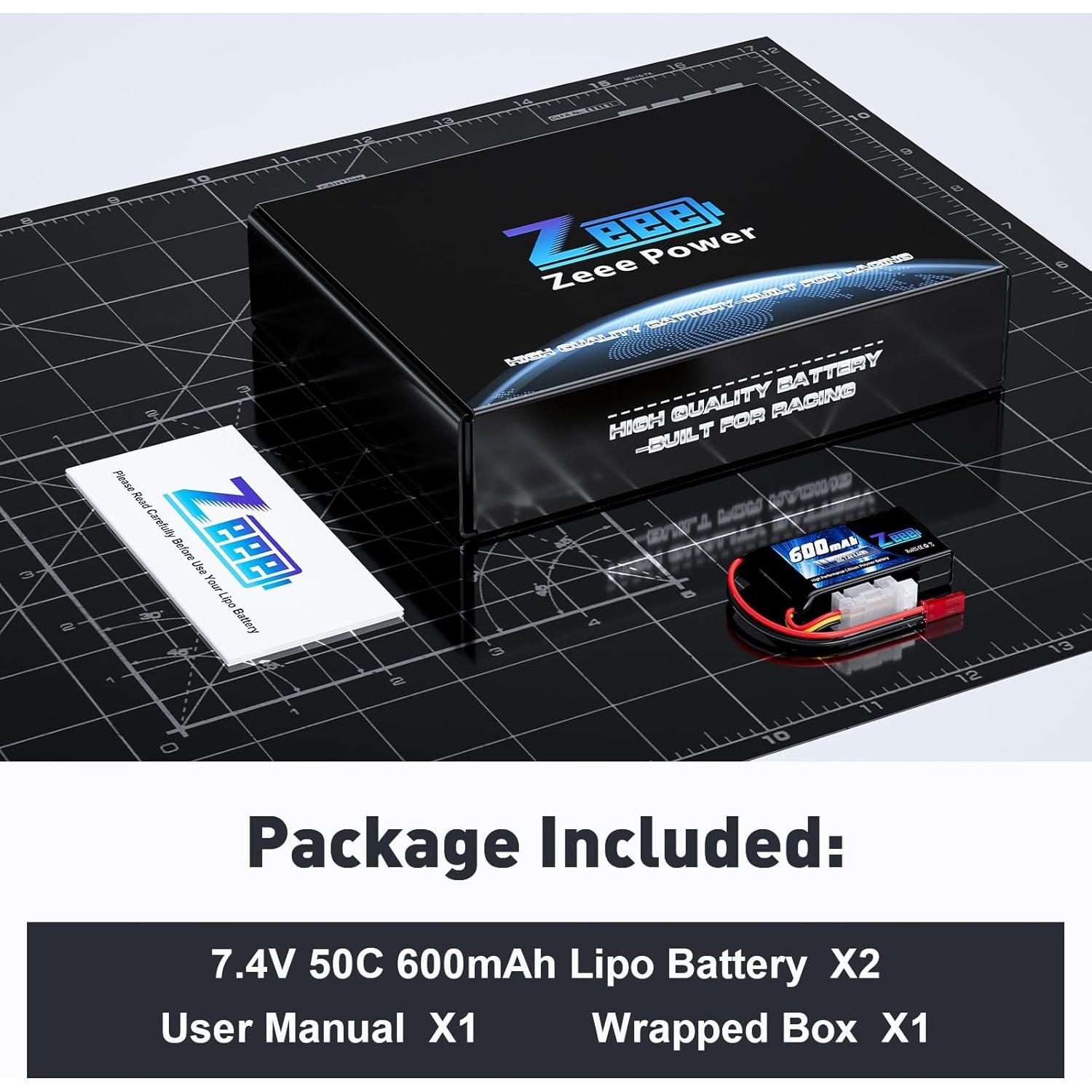 Batería Lipo Zeee 2S 600mAh 7.4V 50C con conector JST - Paquete de 2