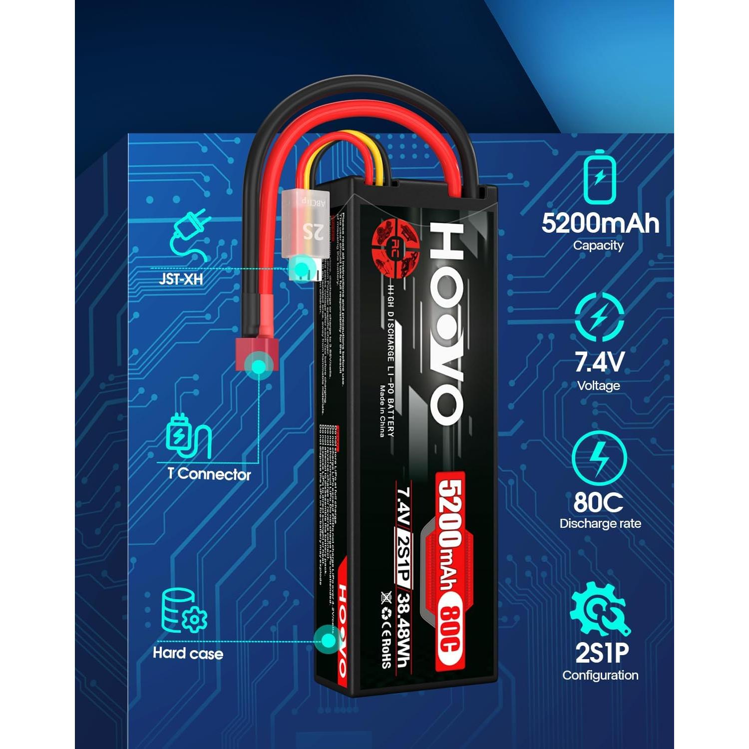 Batería LiPo HOOVO 2S 7.4V 5200mAh 80C para RC (paquete de 2)