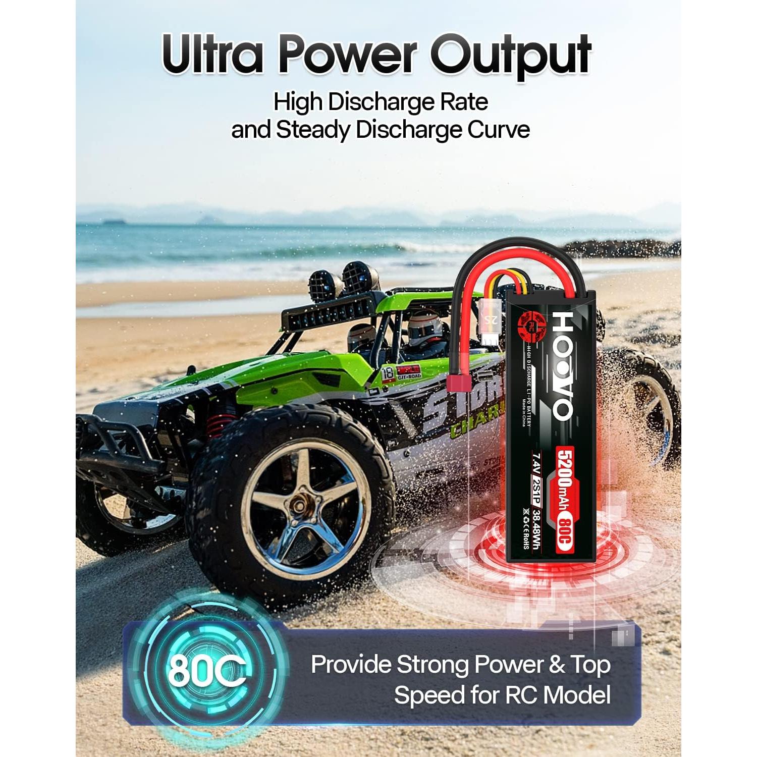 Batería LiPo HOOVO 2S 7.4V 5200mAh 80C para RC (paquete de 2)