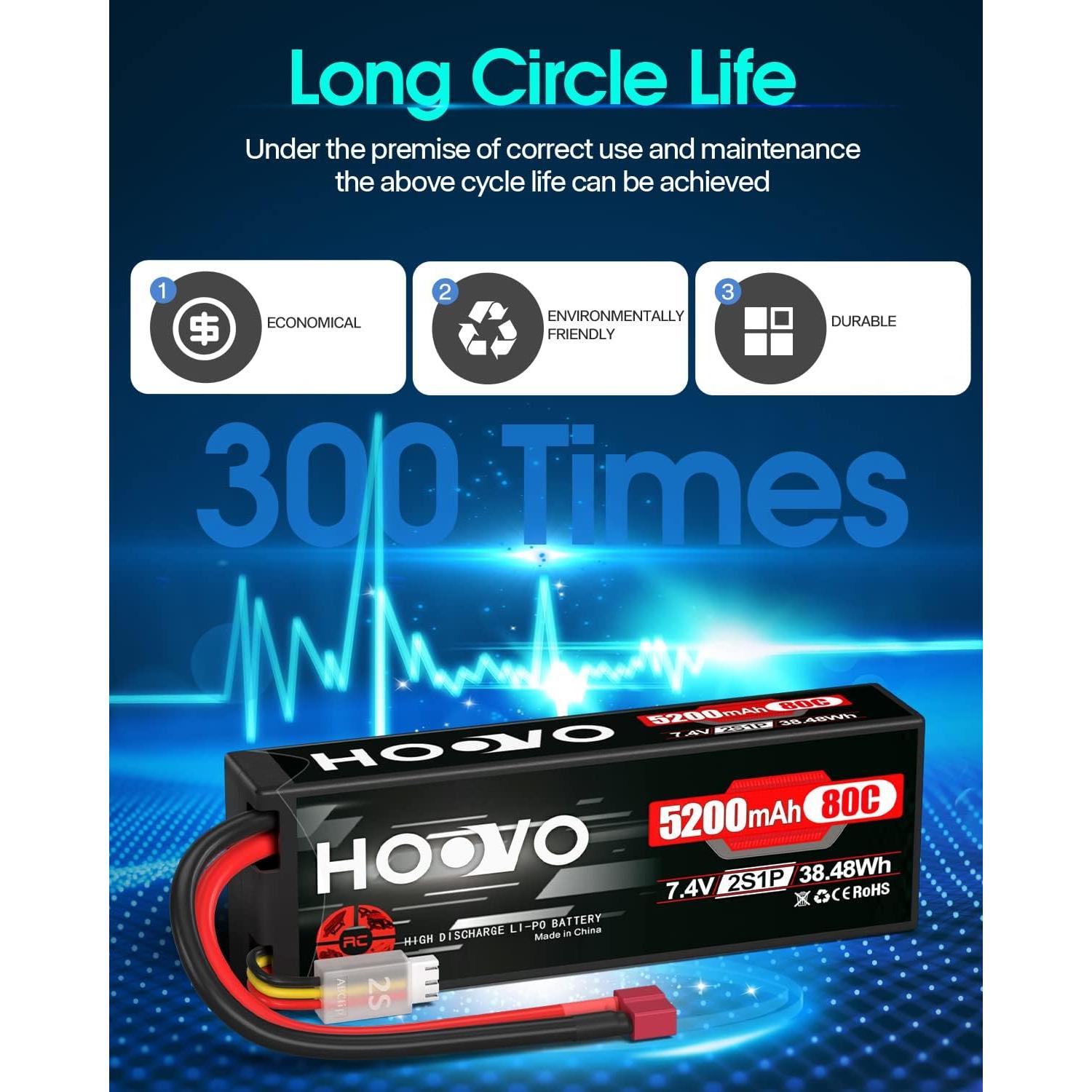 Batería LiPo HOOVO 2S 7.4V 5200mAh 80C para RC (paquete de 2)