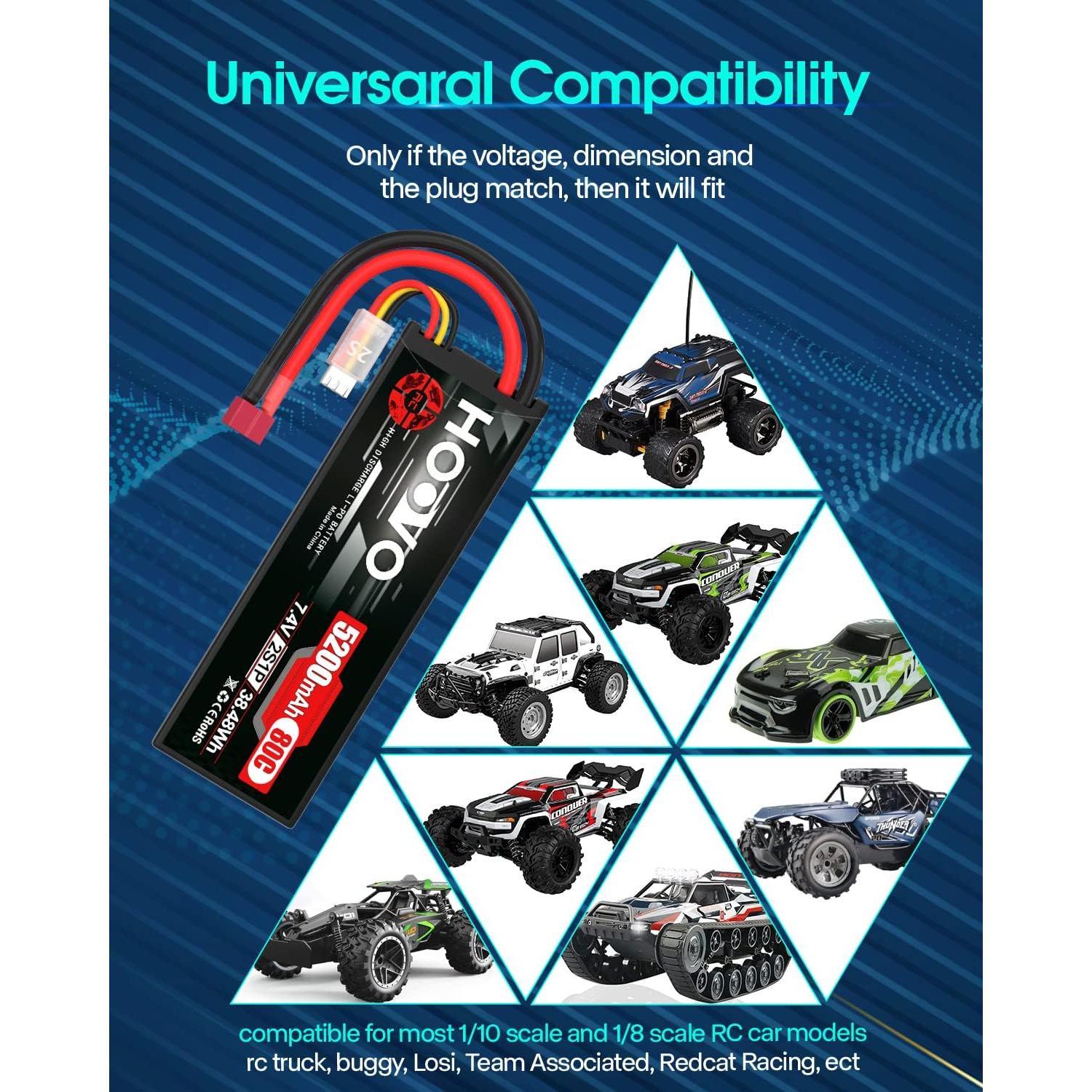 Batería LiPo HOOVO 2S 7.4V 5200mAh 80C para RC (paquete de 2)