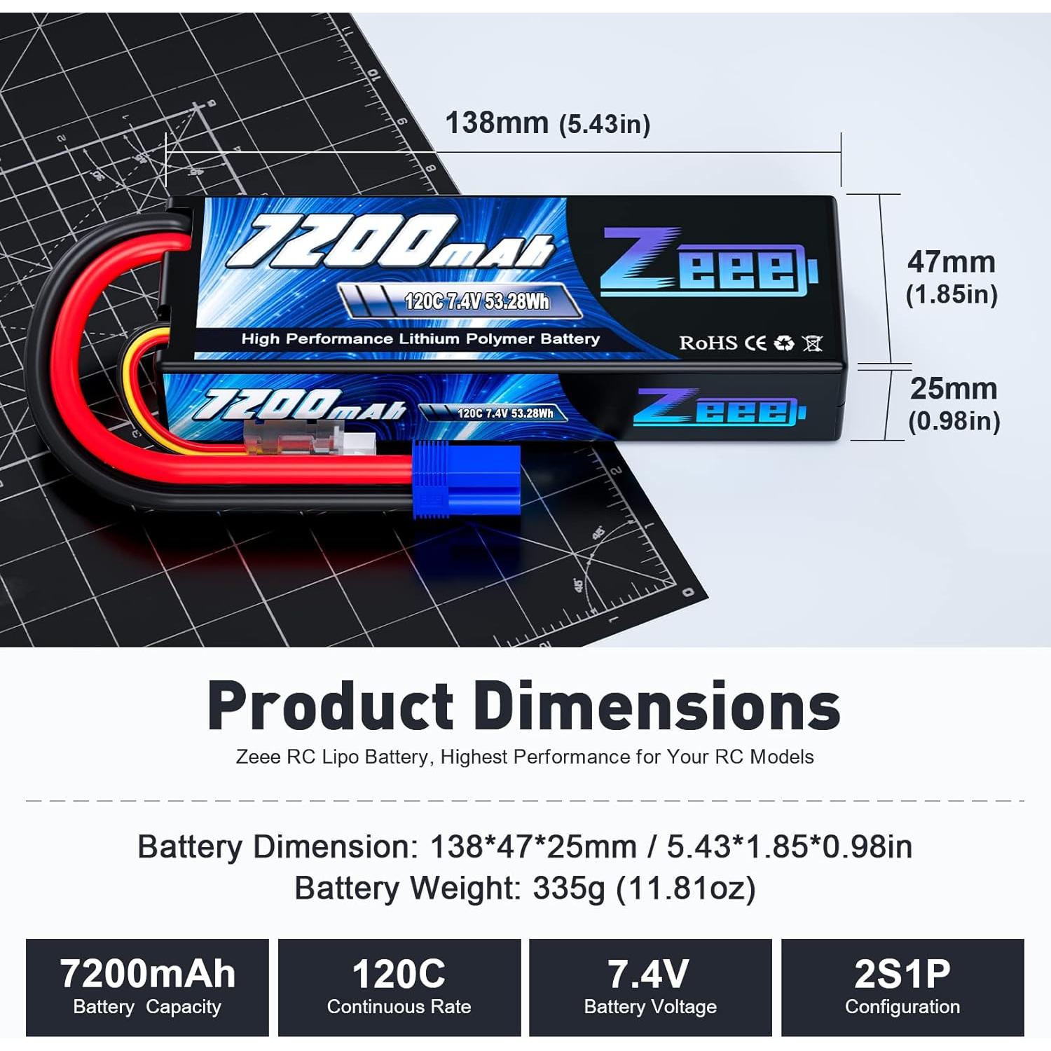 Batería Lipo Zeee 2S 7200mAh 7.4V 120C con conector EC5 - Paquete de 2
