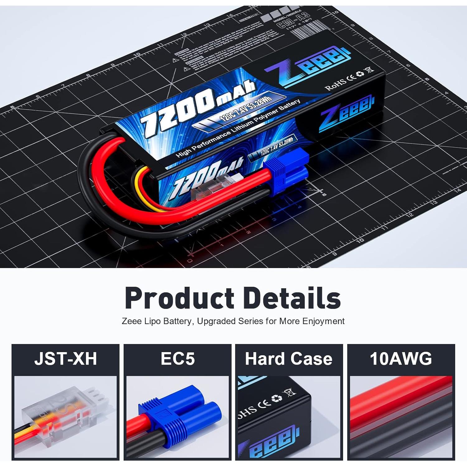 Batería Lipo Zeee 2S 7200mAh 7.4V 120C con conector EC5 - Paquete de 2