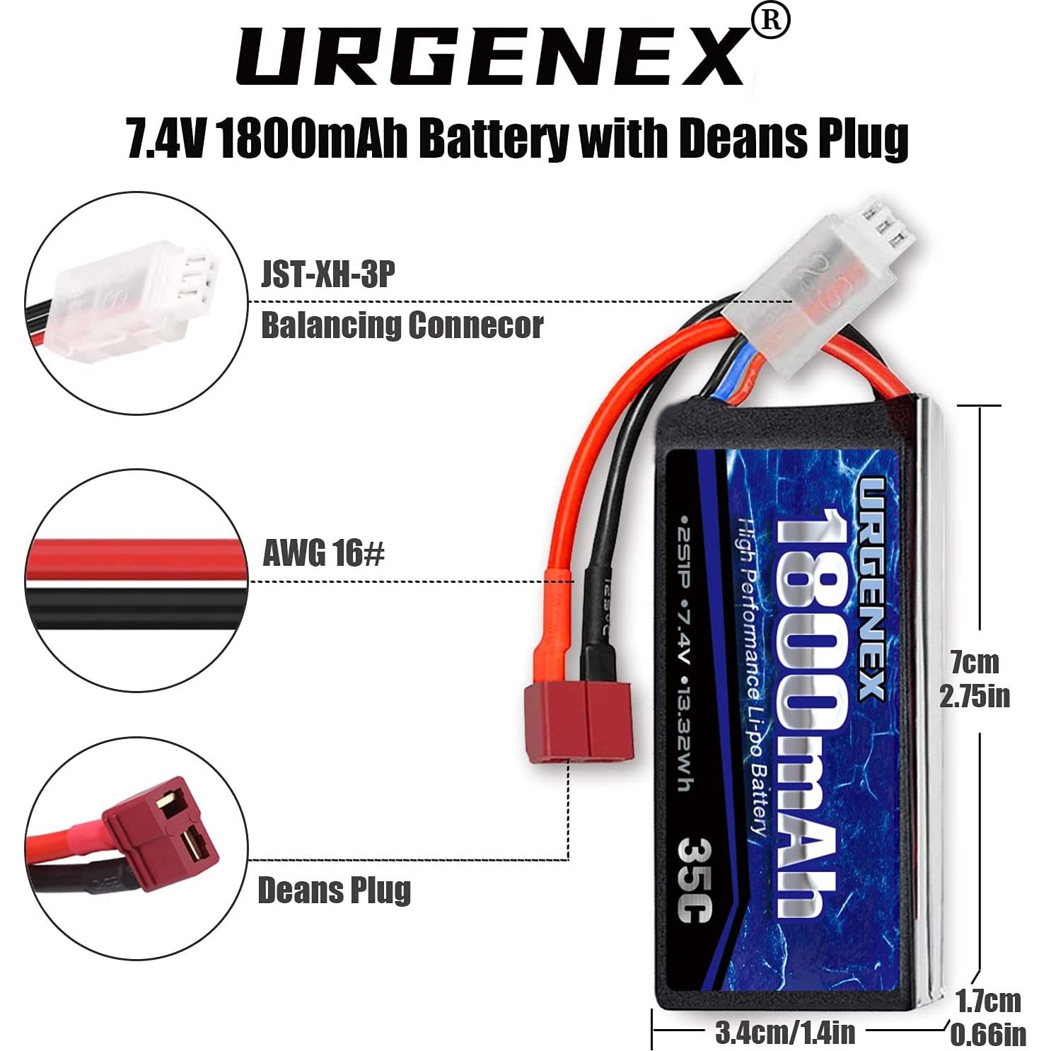 Batería Lipo URGENEX 7.4V 1800mAh 2S 35C para RC
