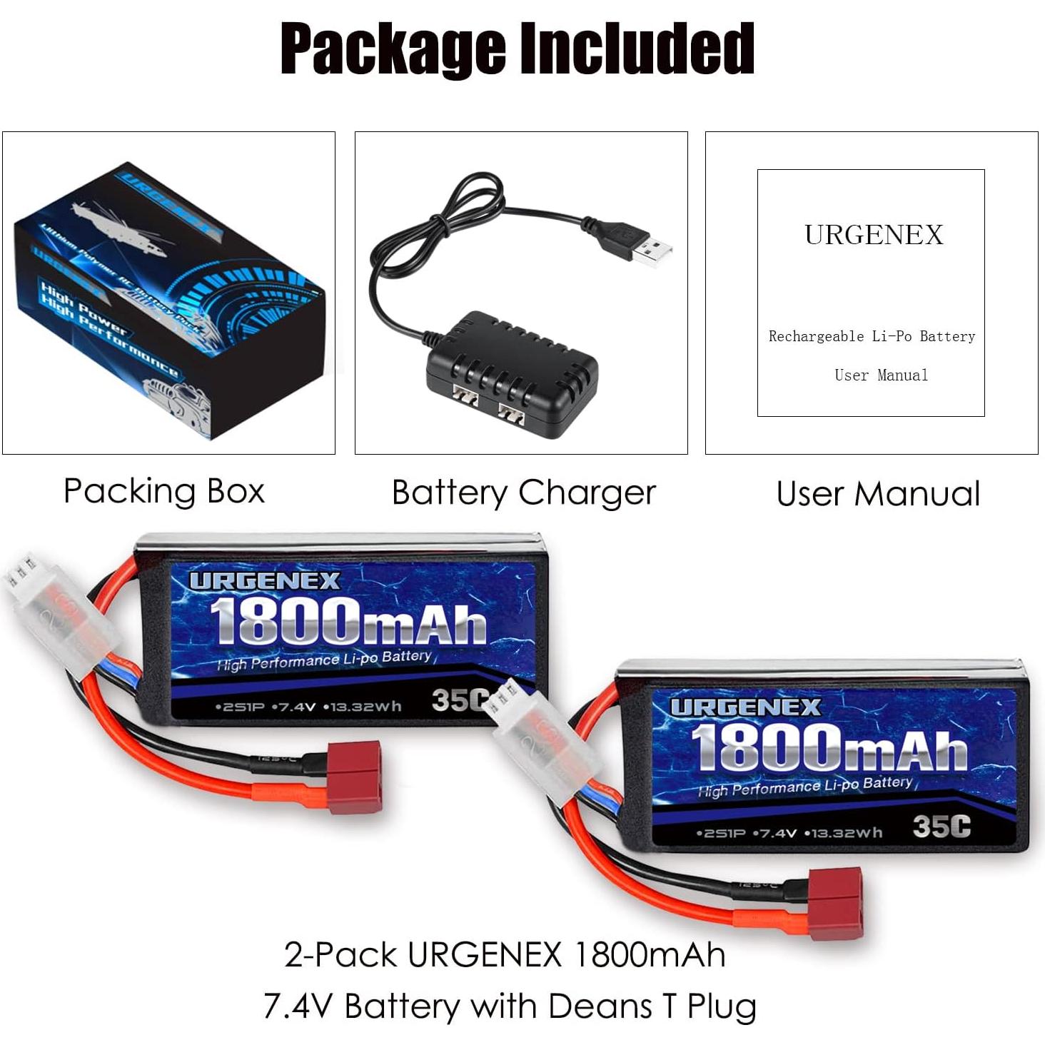 Batería Lipo URGENEX 7.4V 1800mAh 2S 35C para RC