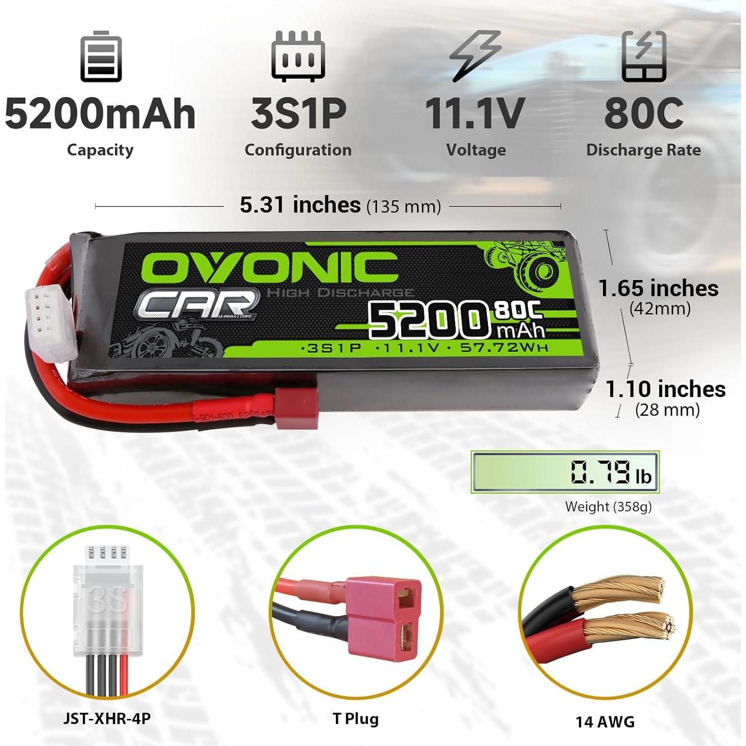 Batería Lipo OVONIC 3S 5200mAh 11.1V 80C para RC