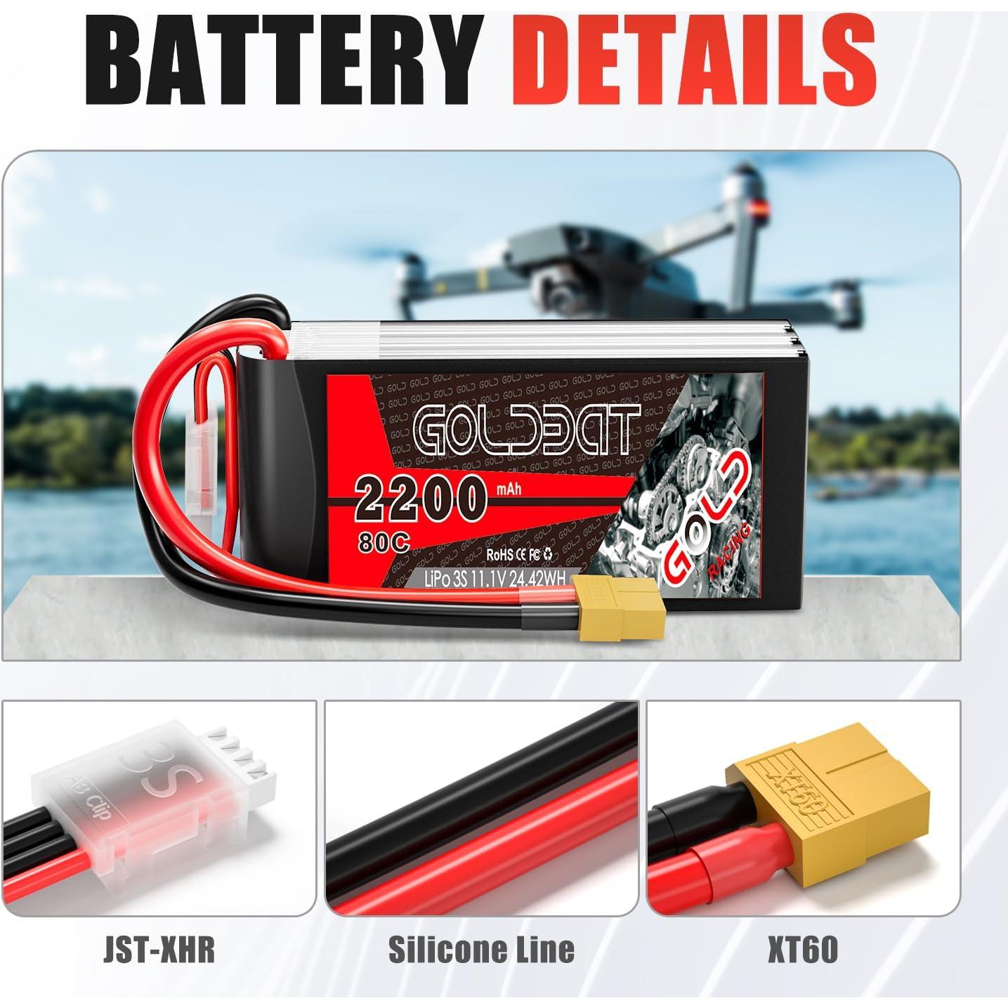 Batería Lipo GOLDBAT 3S 11.1V 2200mAh 80C XT60 - 2 Paquetes