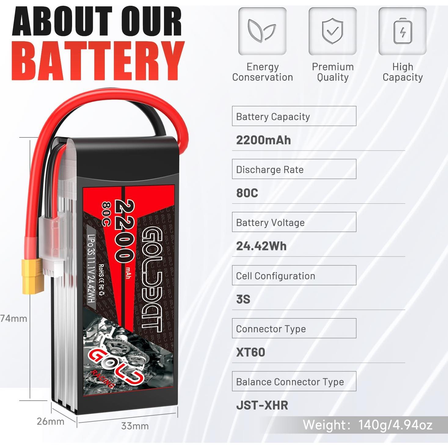 Batería Lipo GOLDBAT 3S 11.1V 2200mAh 80C XT60 - 2 Paquetes