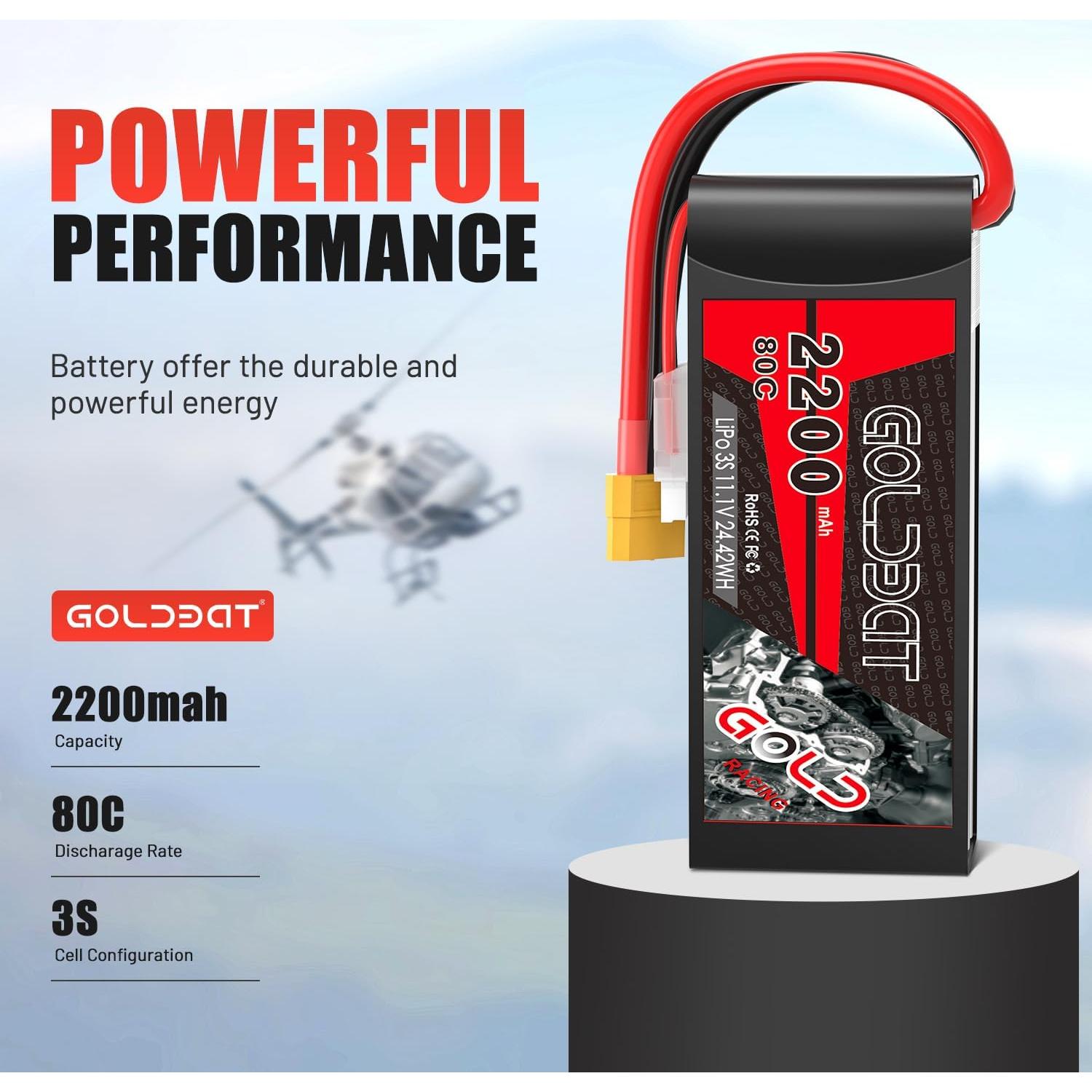Batería Lipo GOLDBAT 3S 11.1V 2200mAh 80C XT60 - 2 Paquetes