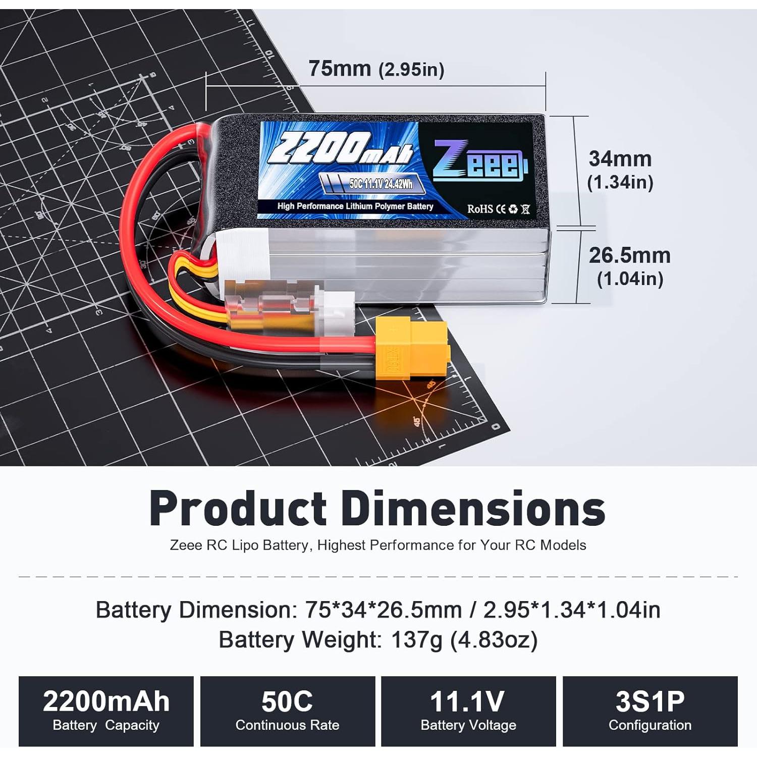 Batería Lipo Zeee 3S 2200mAh 11.1V 50C con conector XT60