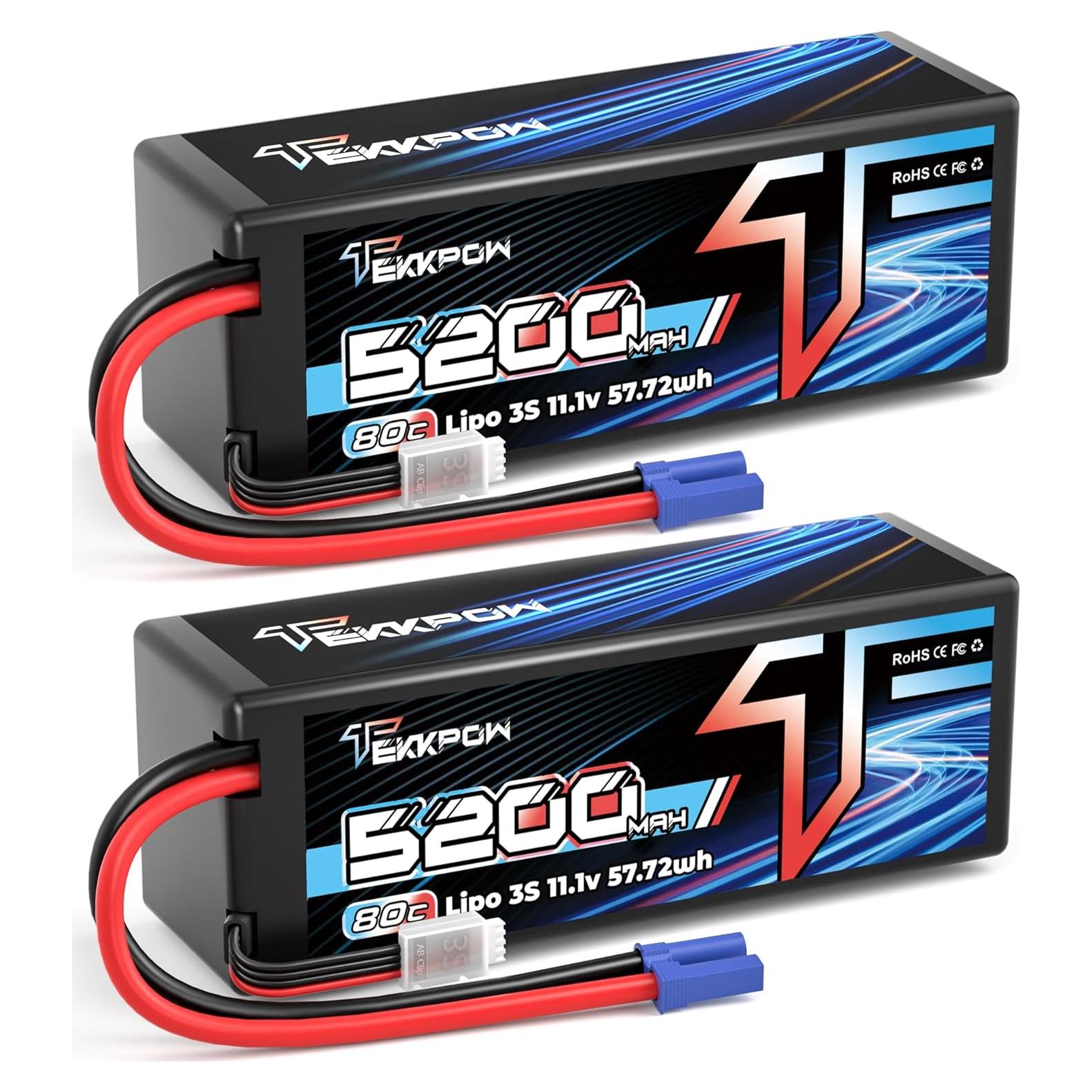 Batería Lipo TEKKPOW 3S 11.1V 5200mAh 80C EC5 - Paquete de 2