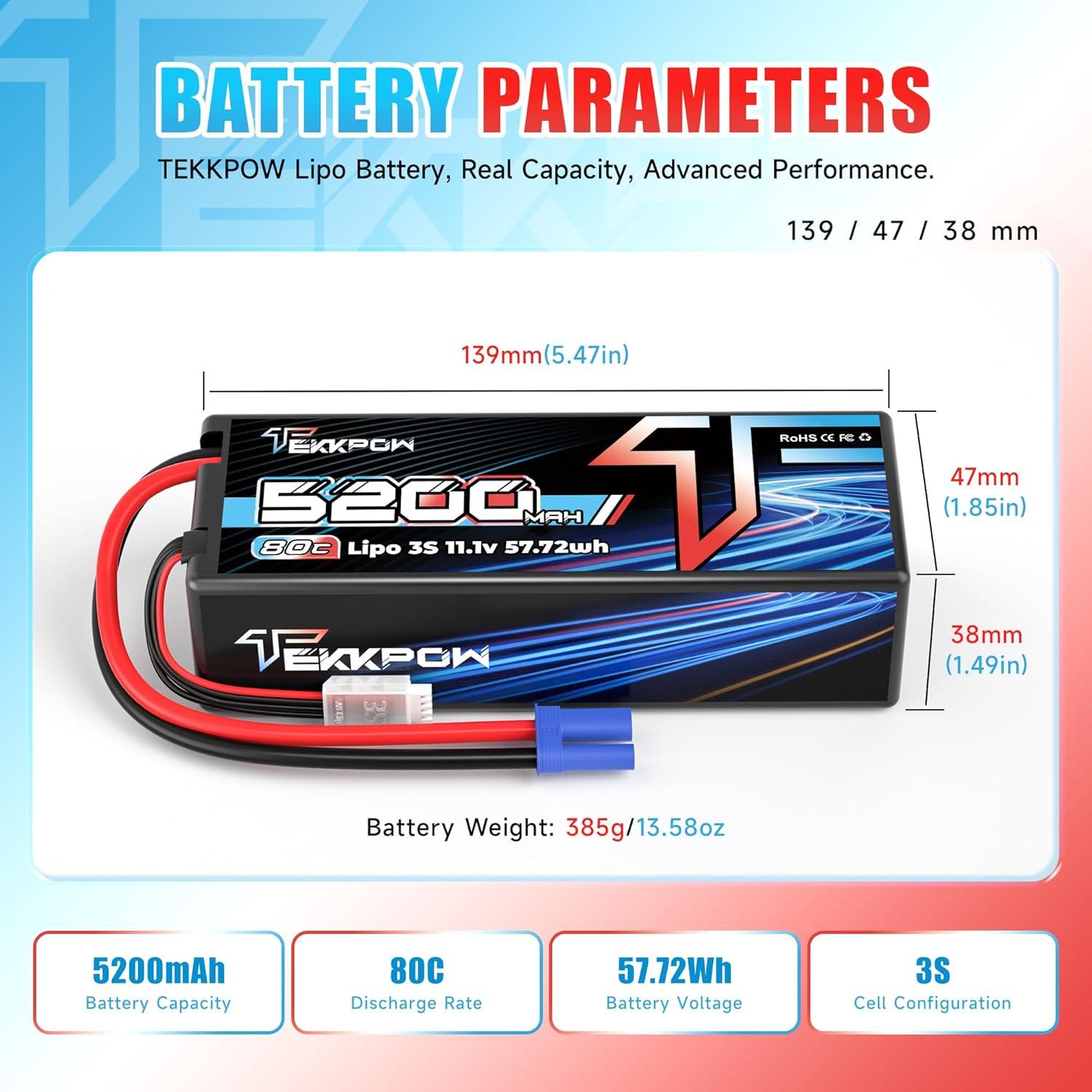 Batería Lipo TEKKPOW 3S 11.1V 5200mAh 80C EC5 - Paquete de 2