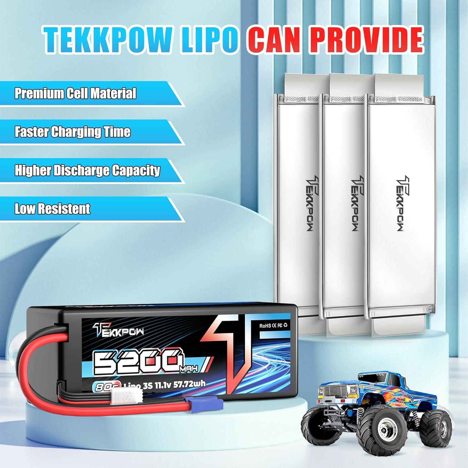 Batería Lipo TEKKPOW 3S 11.1V 5200mAh 80C EC5 - Paquete de 2