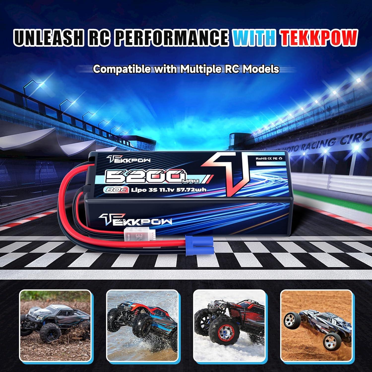 Batería Lipo TEKKPOW 3S 11.1V 5200mAh 80C EC5 - Paquete de 2