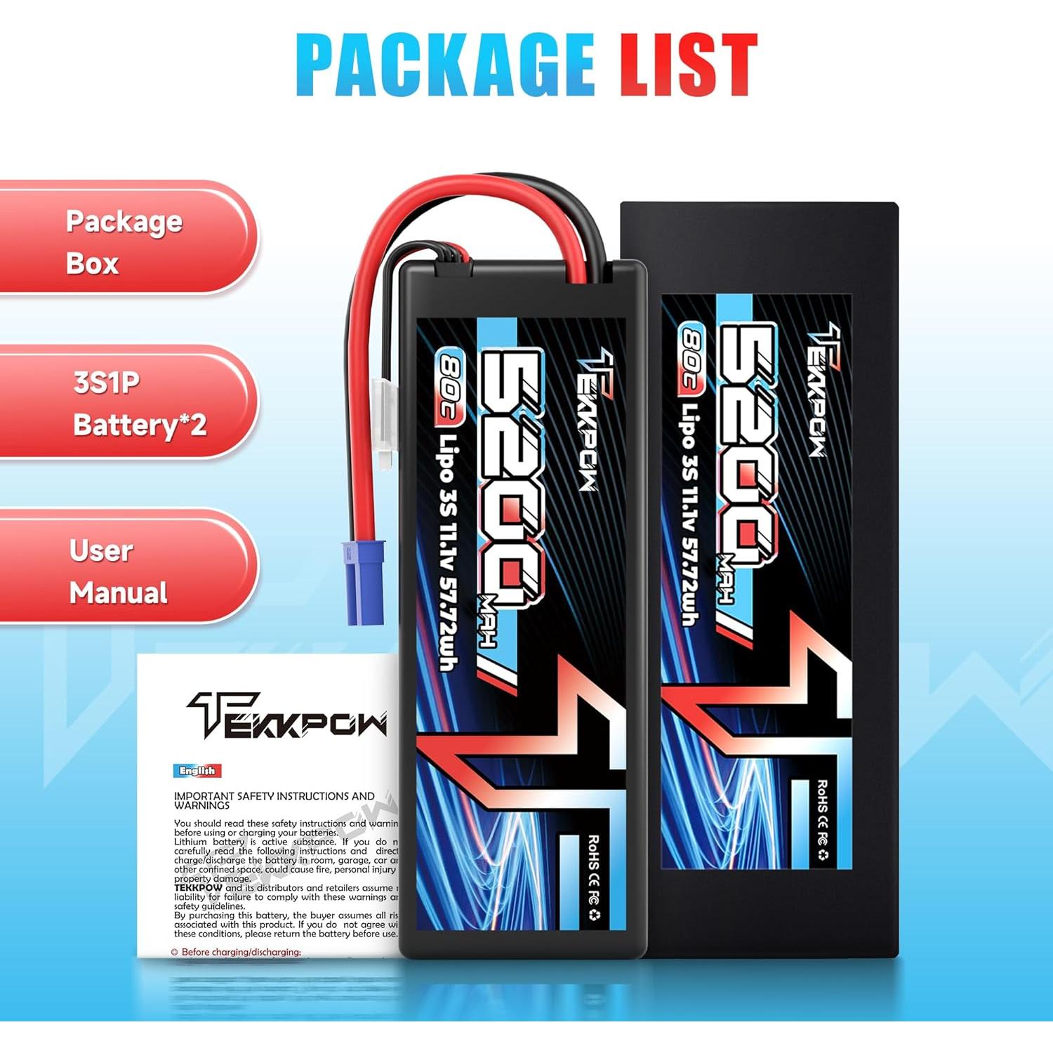 Batería Lipo TEKKPOW 3S 11.1V 5200mAh 80C EC5 - Paquete de 2