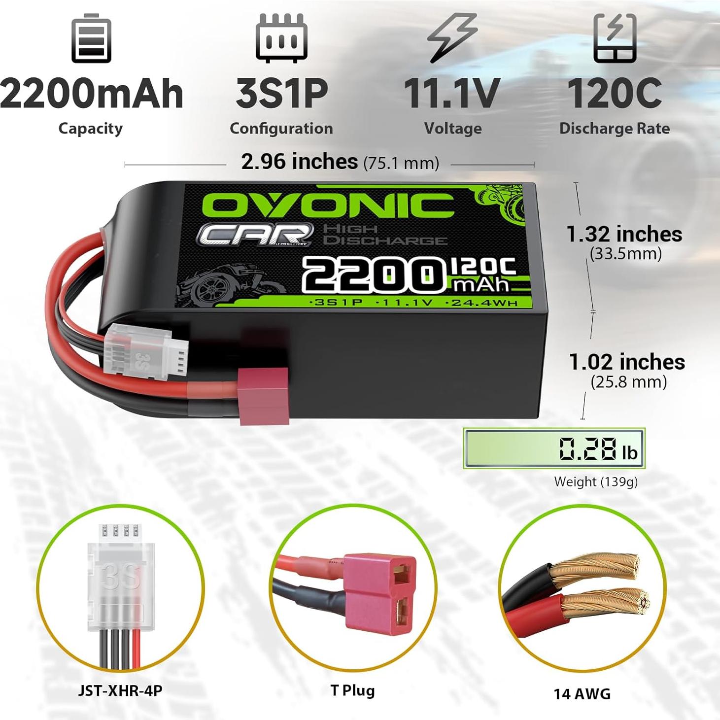 Batería LiPo OVONIC 3S 11.1V 2200mAh 120C con conector Dean