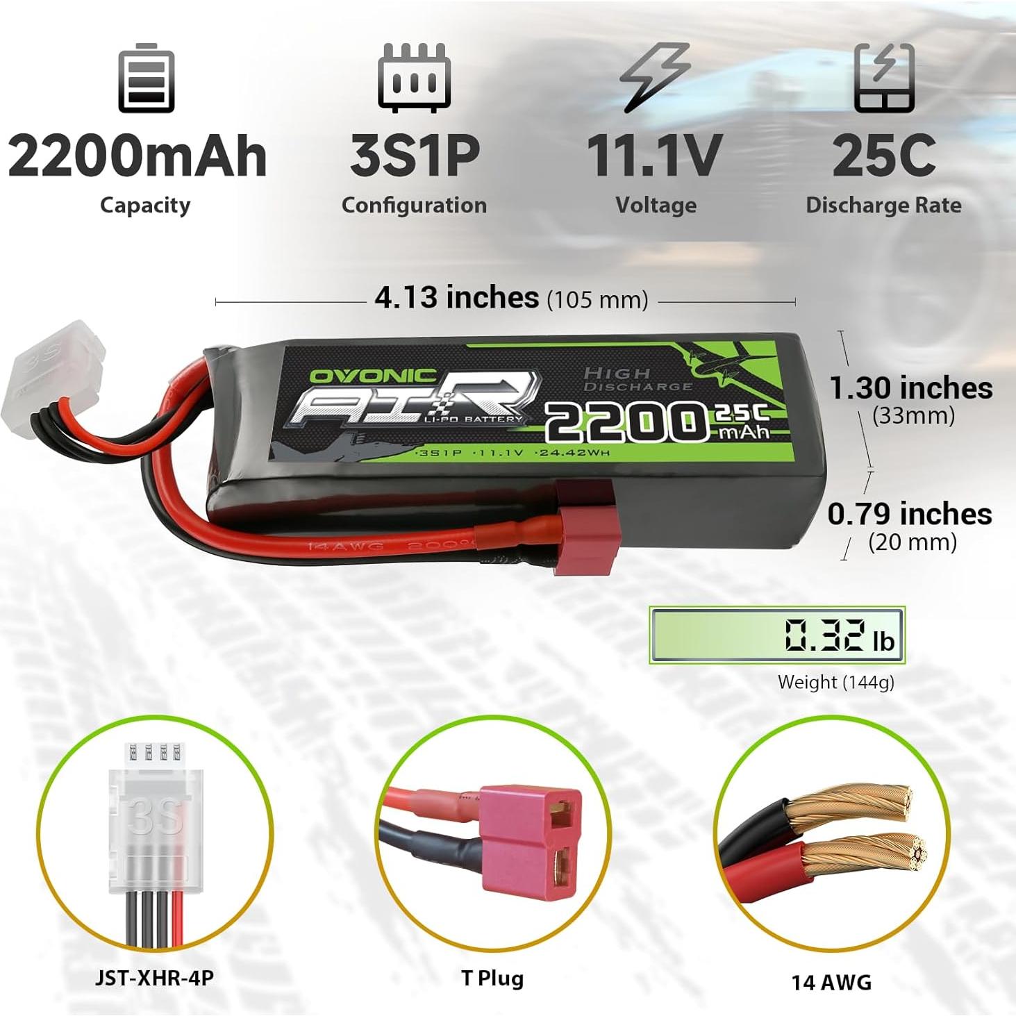 Batería Lipo OVONIC 3S 2200mAh 11.1V 25C para RC - 2 Paquetes