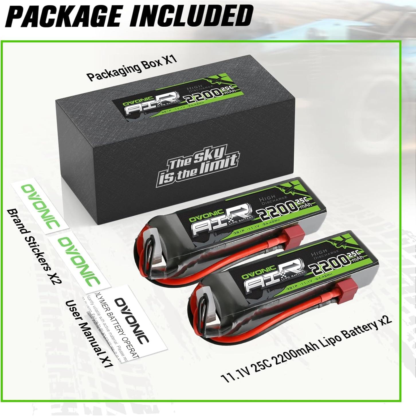 Batería Lipo OVONIC 3S 2200mAh 11.1V 25C para RC - 2 Paquetes