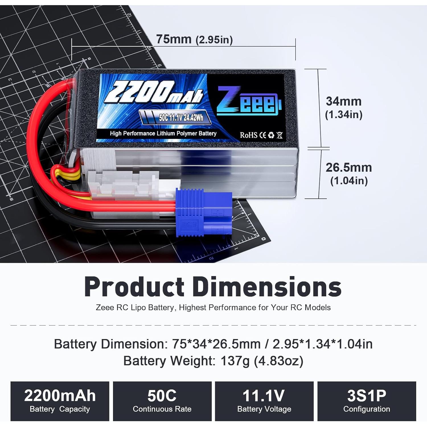 Batería Lipo Zeee 3S 2200mAh 11.1V 50C EC3 - 2 Paquetes