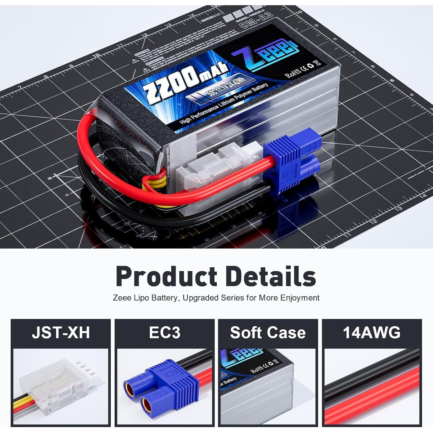 Batería Lipo Zeee 3S 2200mAh 11.1V 50C EC3 - 2 Paquetes