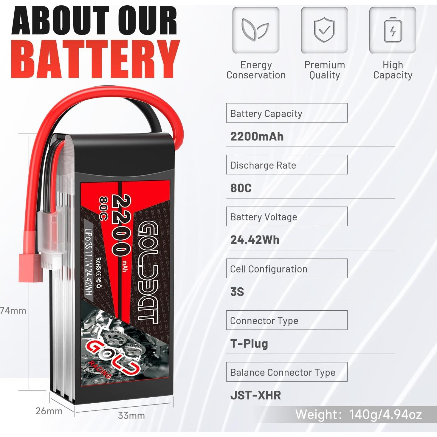 Batería Lipo GOLDBAT 3S 2200mAh 11.1V 80C - 2 Paquete