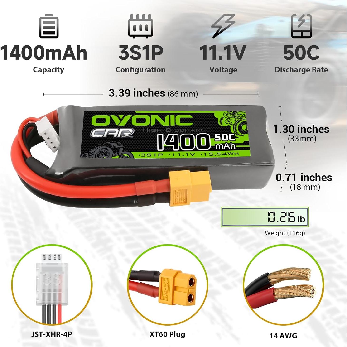 Batería Lipo OVONIC 3S 50C 1400mAh 11.1V XT60 para RC