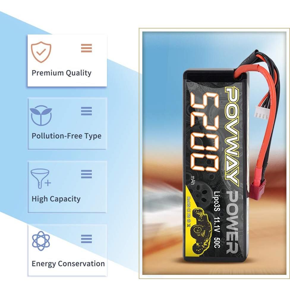 Batería Lipo 3S 5200mAh 11.1V 50C POVWAY - 2 Paquetes