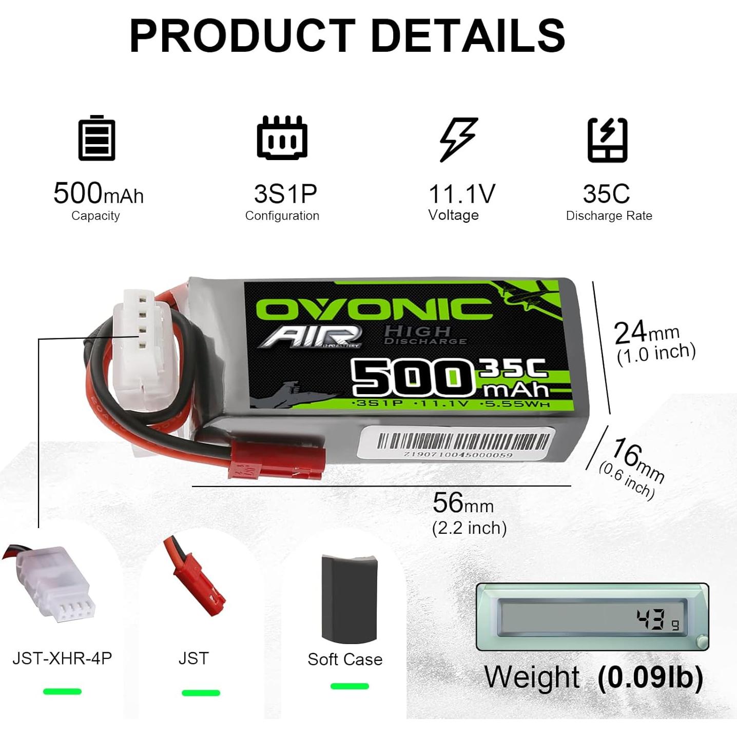 Batería Lipo OVONIC 3S 35C 500mAh 11.1V con conector JST - 2 Paquetes