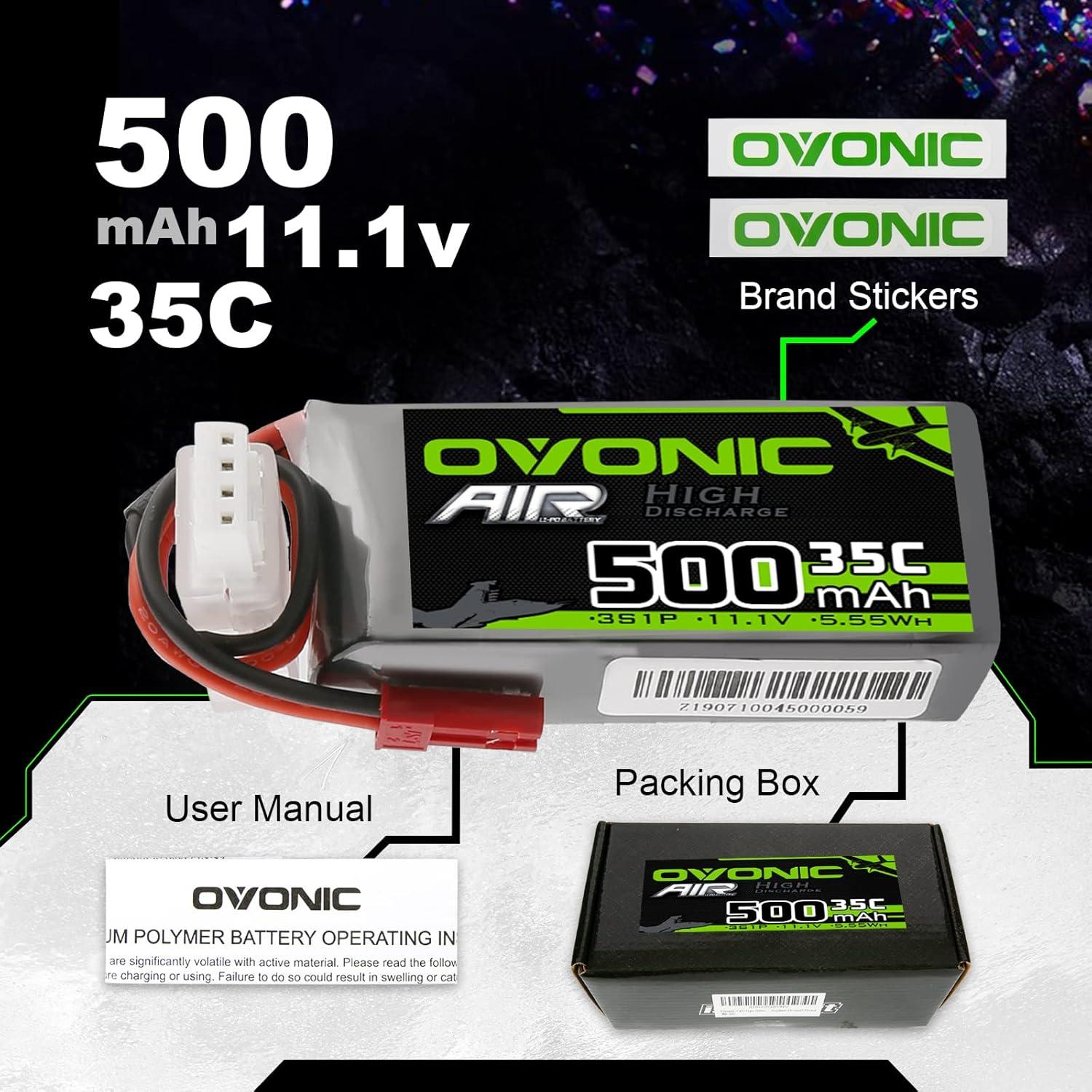 Batería Lipo OVONIC 3S 35C 500mAh 11.1V con conector JST - 2 Paquetes