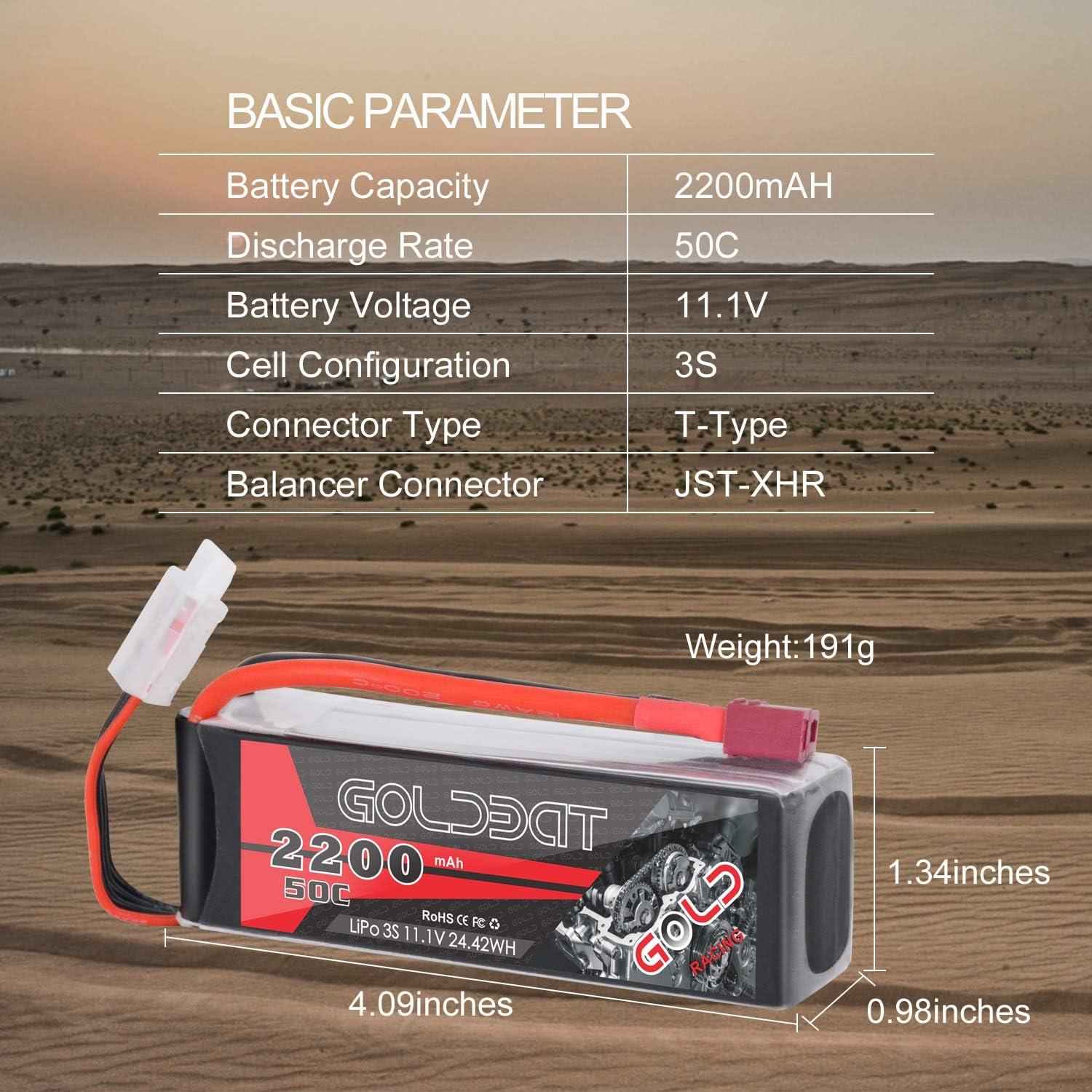 Batería LiPo GOLDBAT 11.1V 2200mAh 3S 35C para RC - Paquete de 2