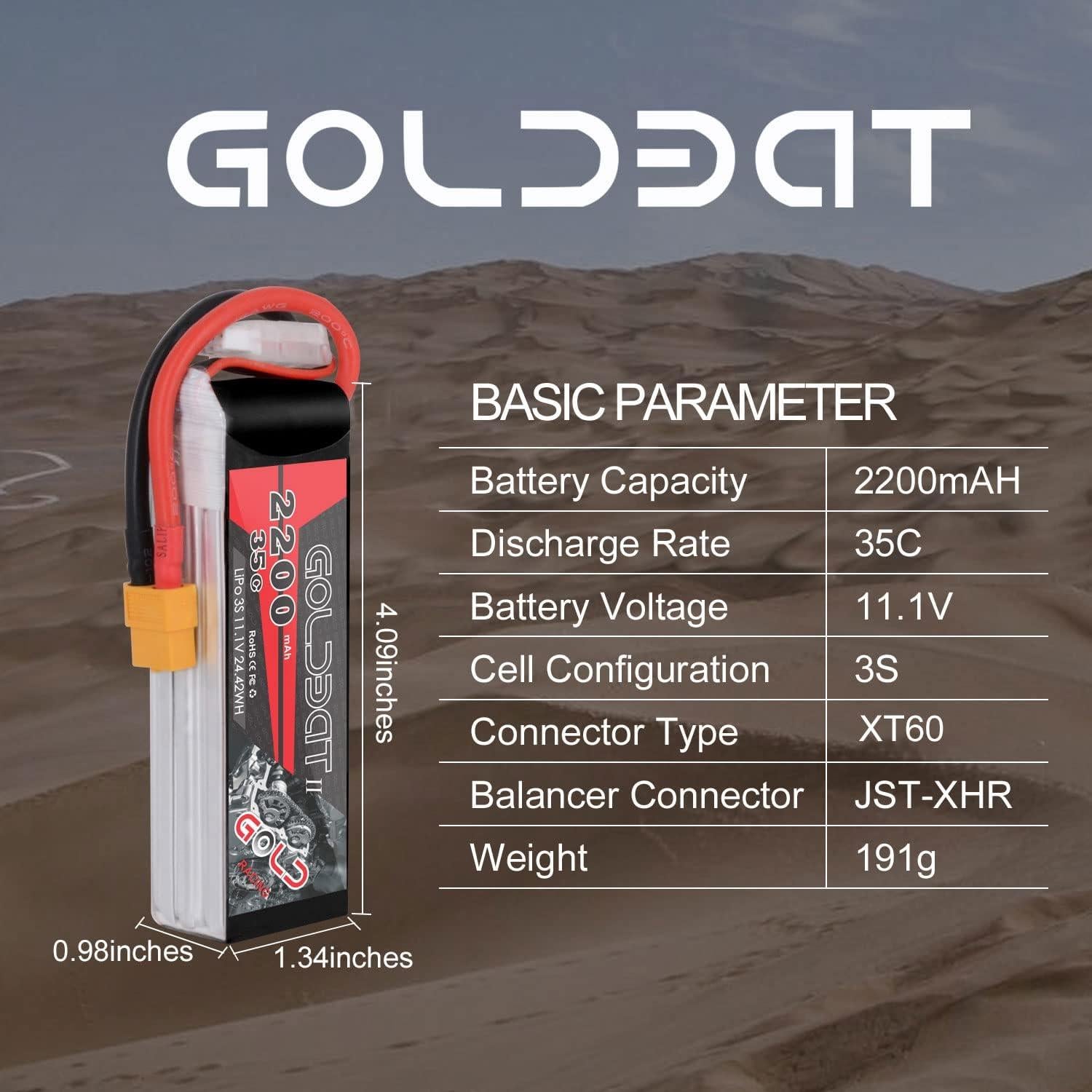 Batería Lipo GOLDBAT 3S 2200mAh 11.1V 35C XT60 para Dron RC
