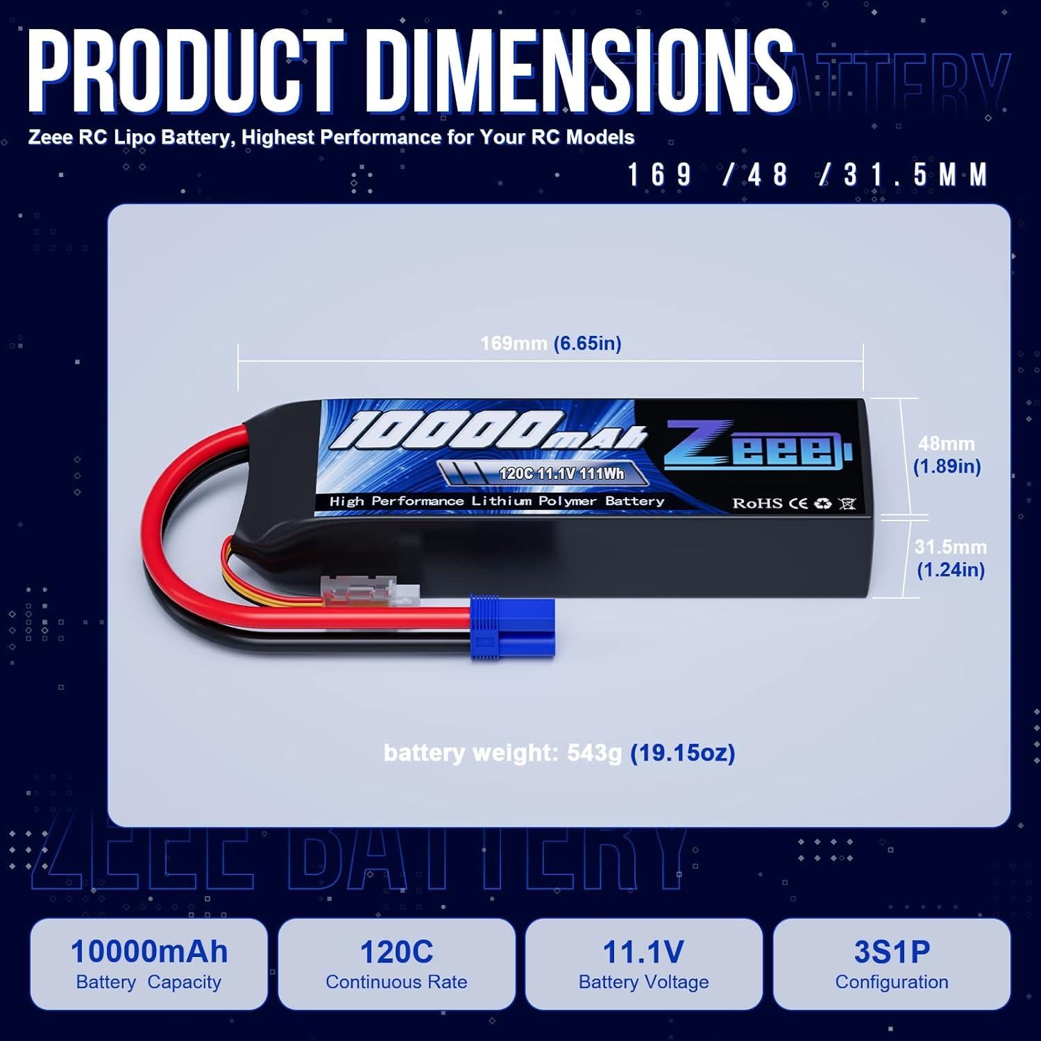 Batería Lipo Zeee 3S 10000mAh 11.1V 120C EC5 - Paquete de 2