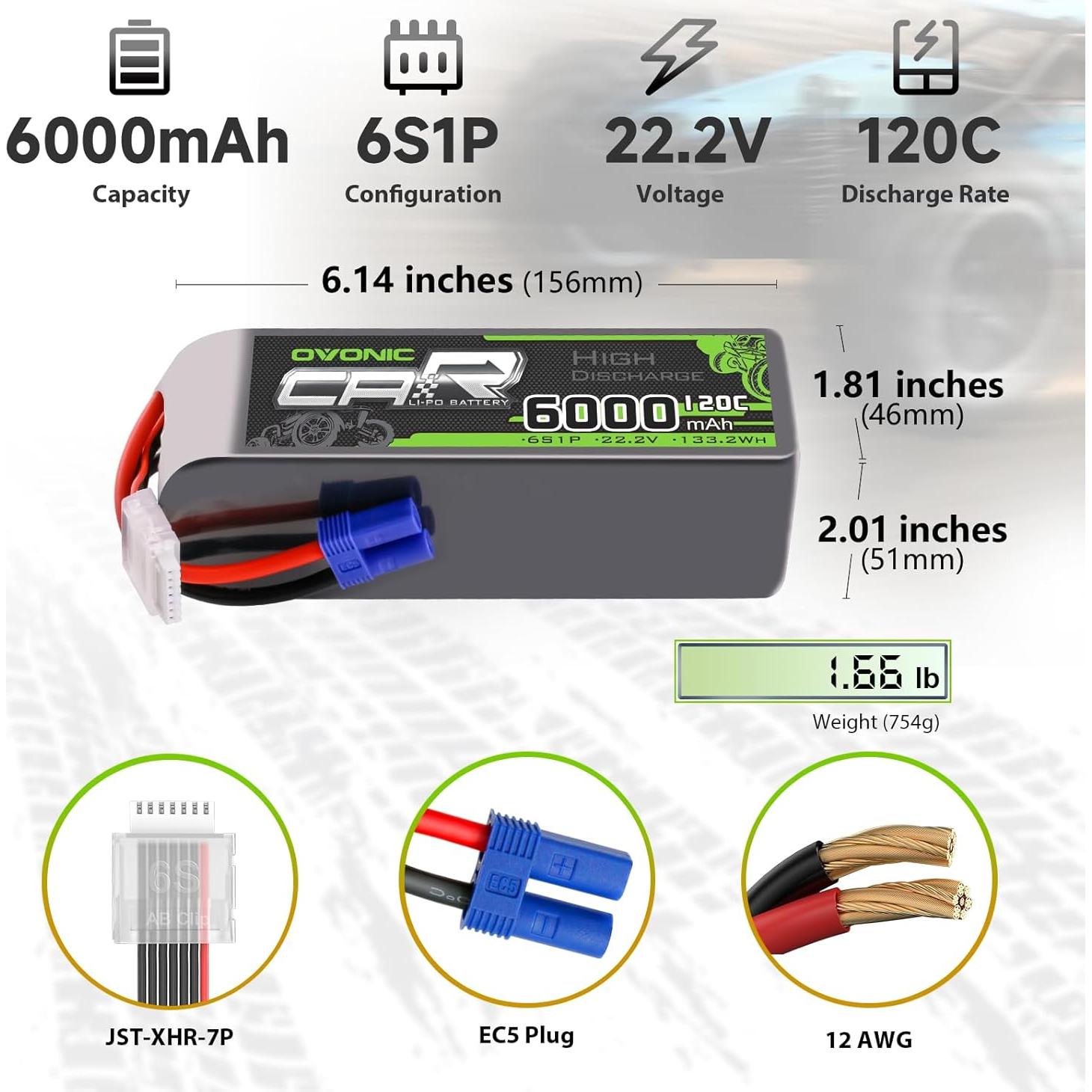 Batería LiPo OVONIC 6S 6000mAh 22.2V 120C - Paquete de 2