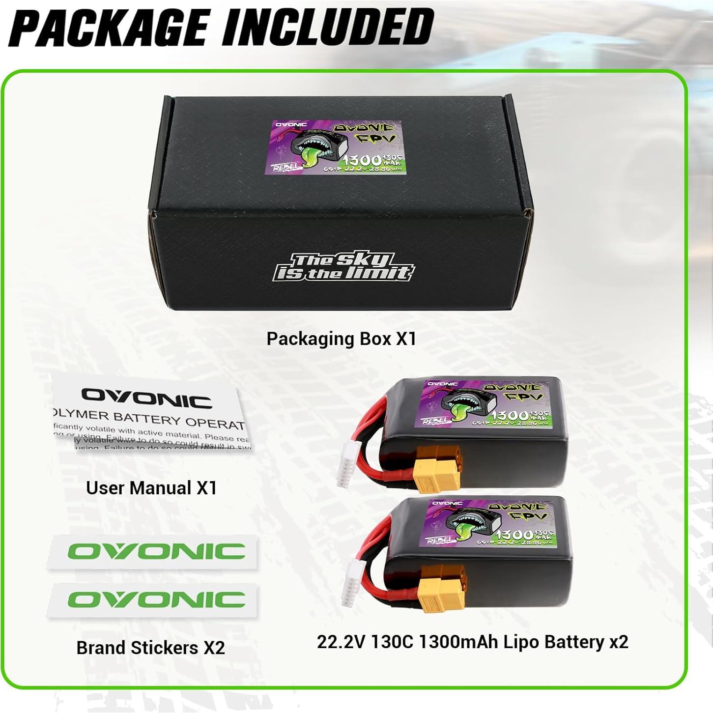 Batería Lipo 22.2V 1300mAh 130C OVONIC con Conector XT60 - Paquete de 2