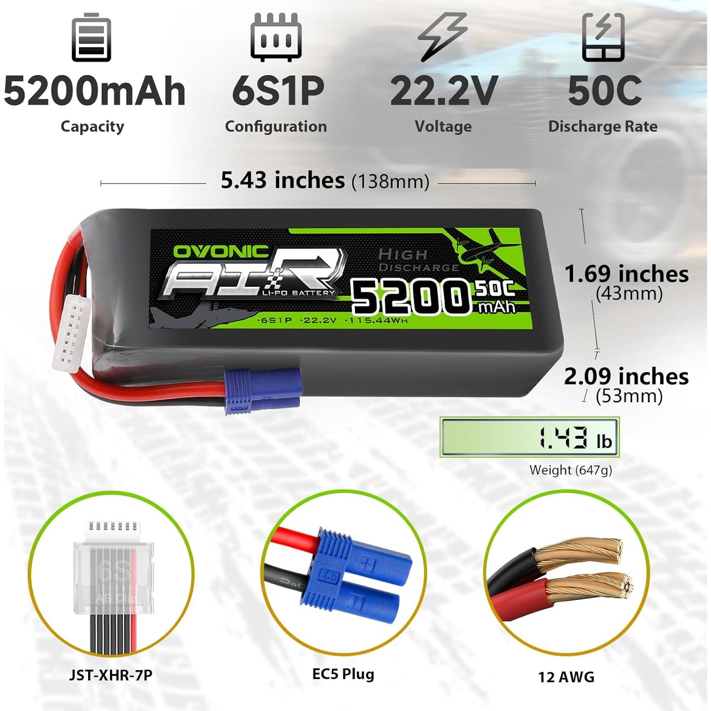 Batería Lipo OVONIC 5200mAh 50C 22.2V 6S EC5 para RC