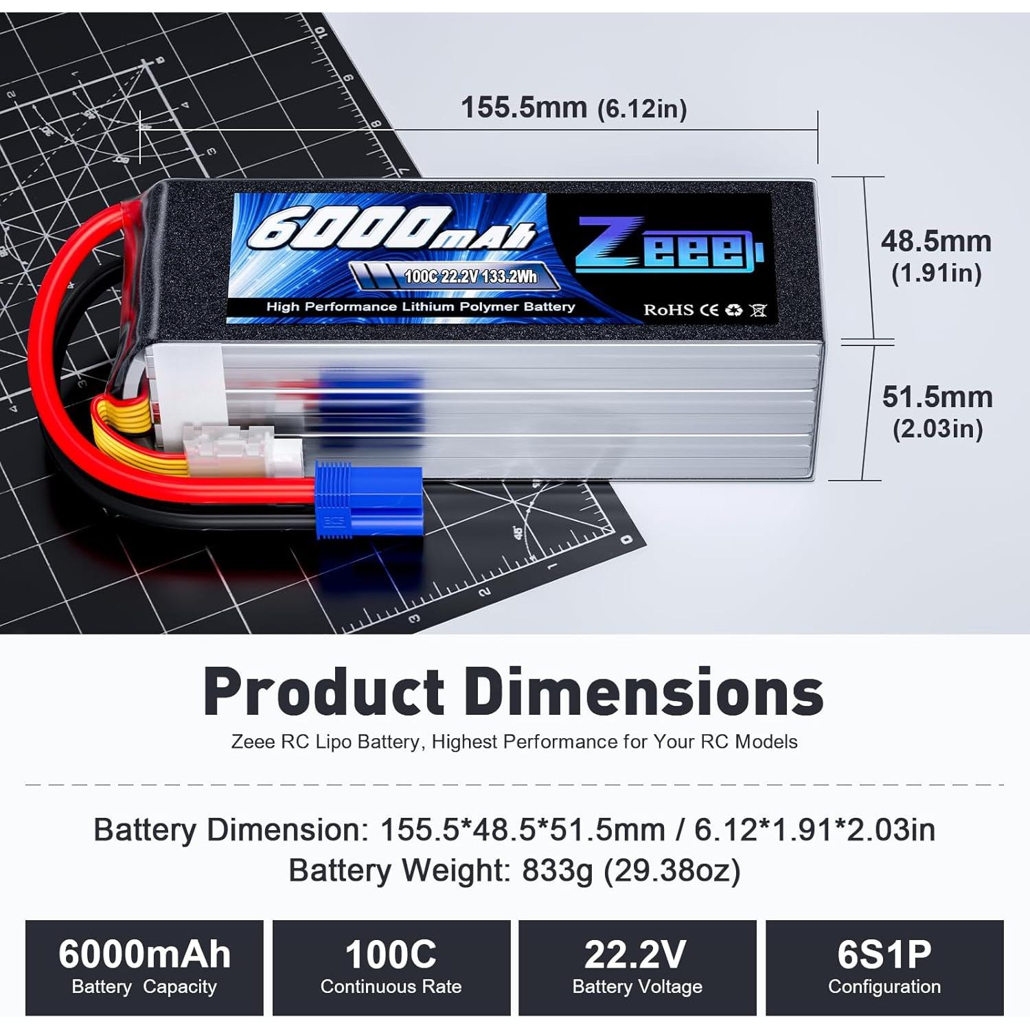 Batería Lipo Zeee 6S 6000mAh 22.2V 100C EC5 - 2 Paquetes