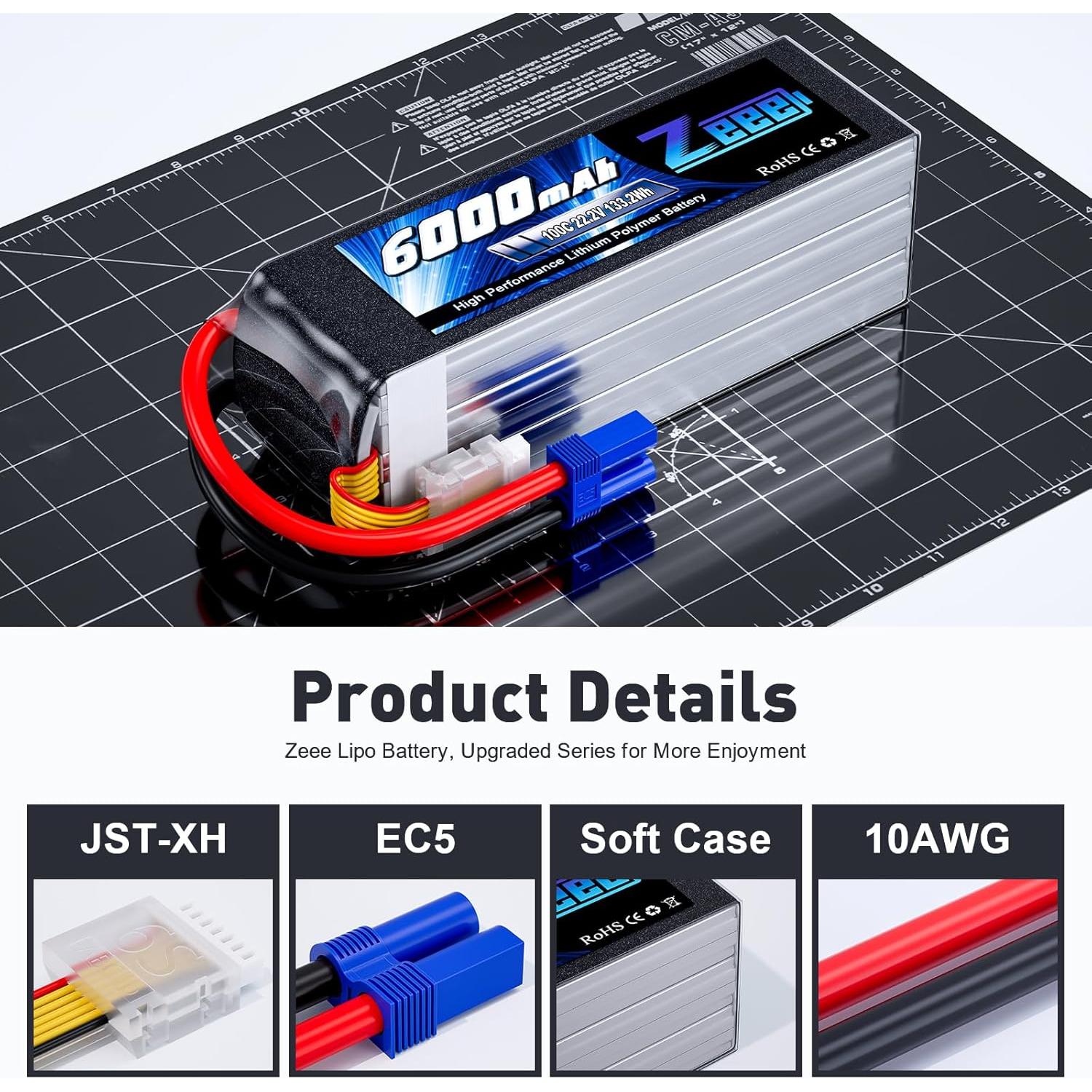 Batería Lipo Zeee 6S 6000mAh 22.2V 100C EC5 - 2 Paquetes