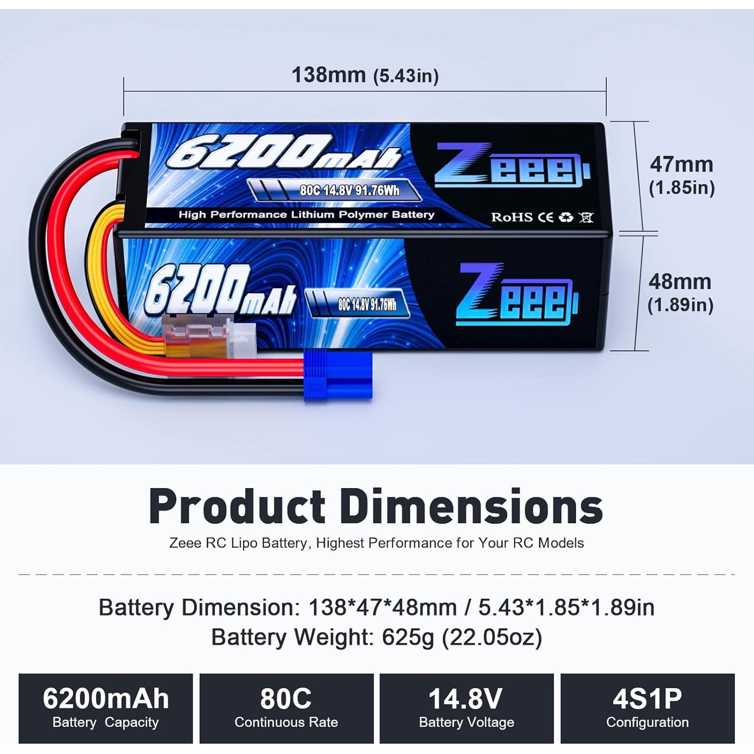 Batería Lipo Zeee 4S 6200mAh 14.8V 80C con conector EC5