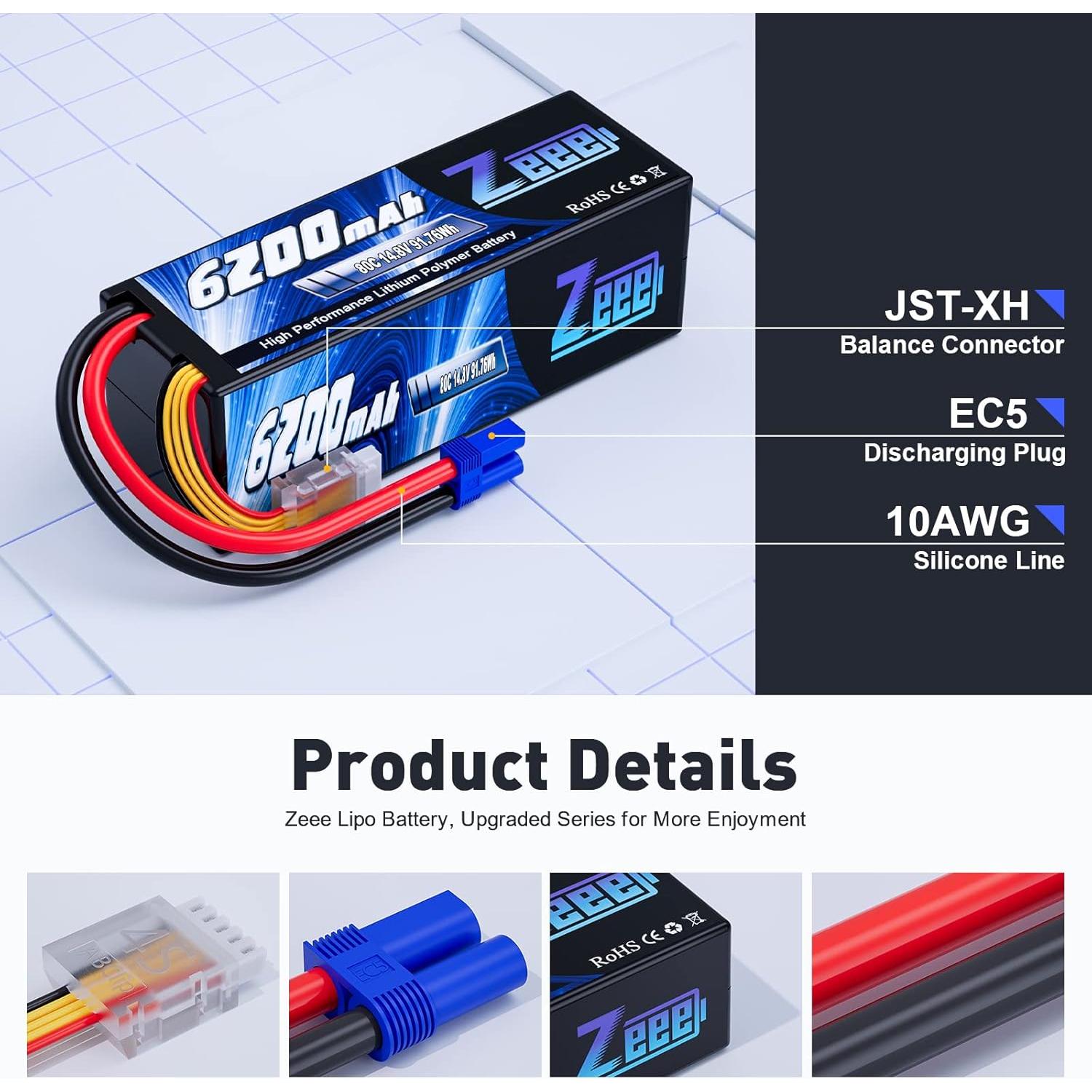 Batería Lipo Zeee 4S 6200mAh 14.8V 80C con conector EC5