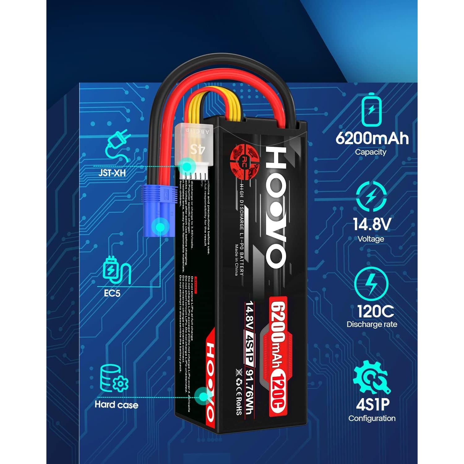 Batería Lipo HOOVO 4S 14.8V 6200mAh 120C EC5 Dron RC (Paquete de 2)