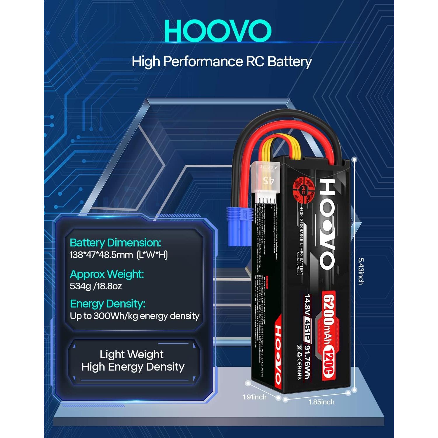 Batería Lipo HOOVO 4S 14.8V 6200mAh 120C EC5 Dron RC (Paquete de 2)
