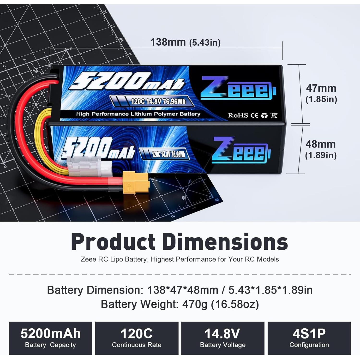 Batería Lipo Zeee 4S 5200mAh 14.8V 120C con XT60 - 2 Paquete