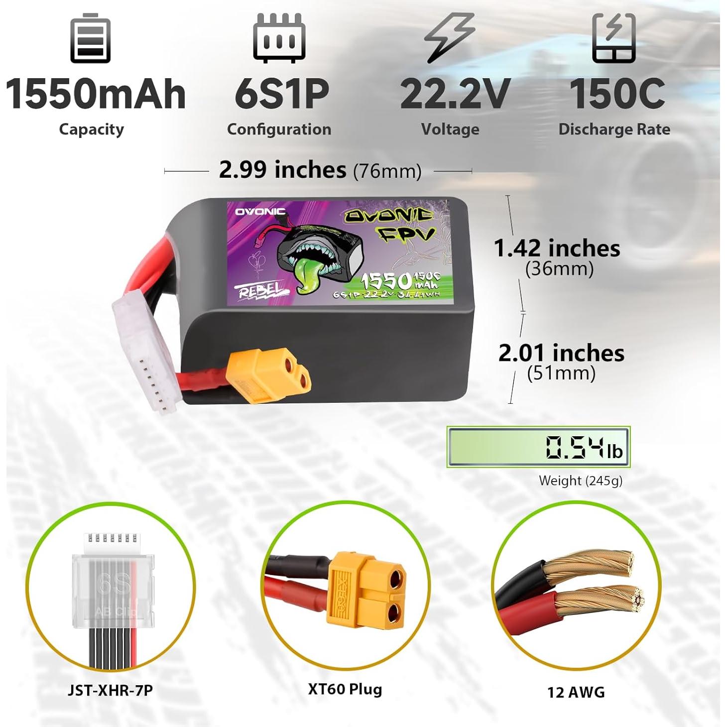 Batería LiPo OVONIC 22.2V 1550mAh 150C XT60 - 2 Paquete