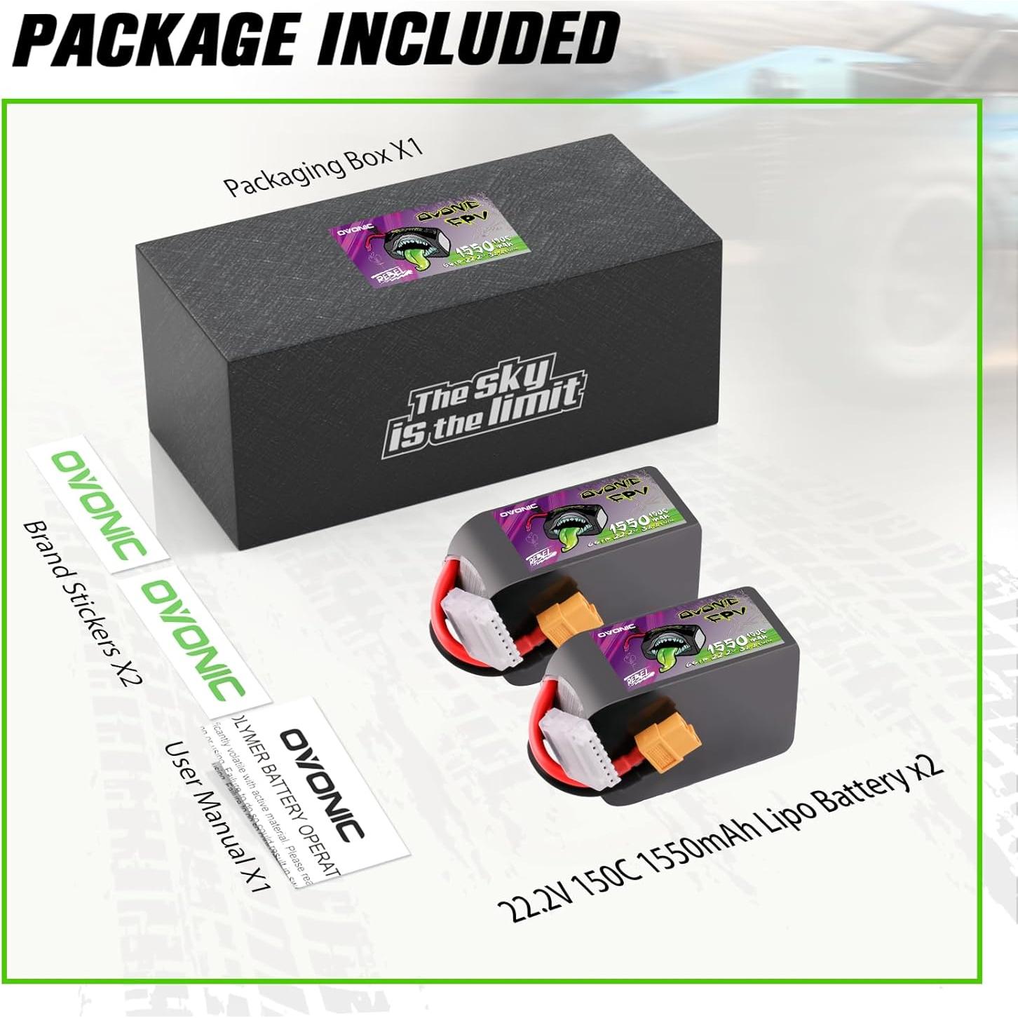 Batería LiPo OVONIC 22.2V 1550mAh 150C XT60 - 2 Paquete