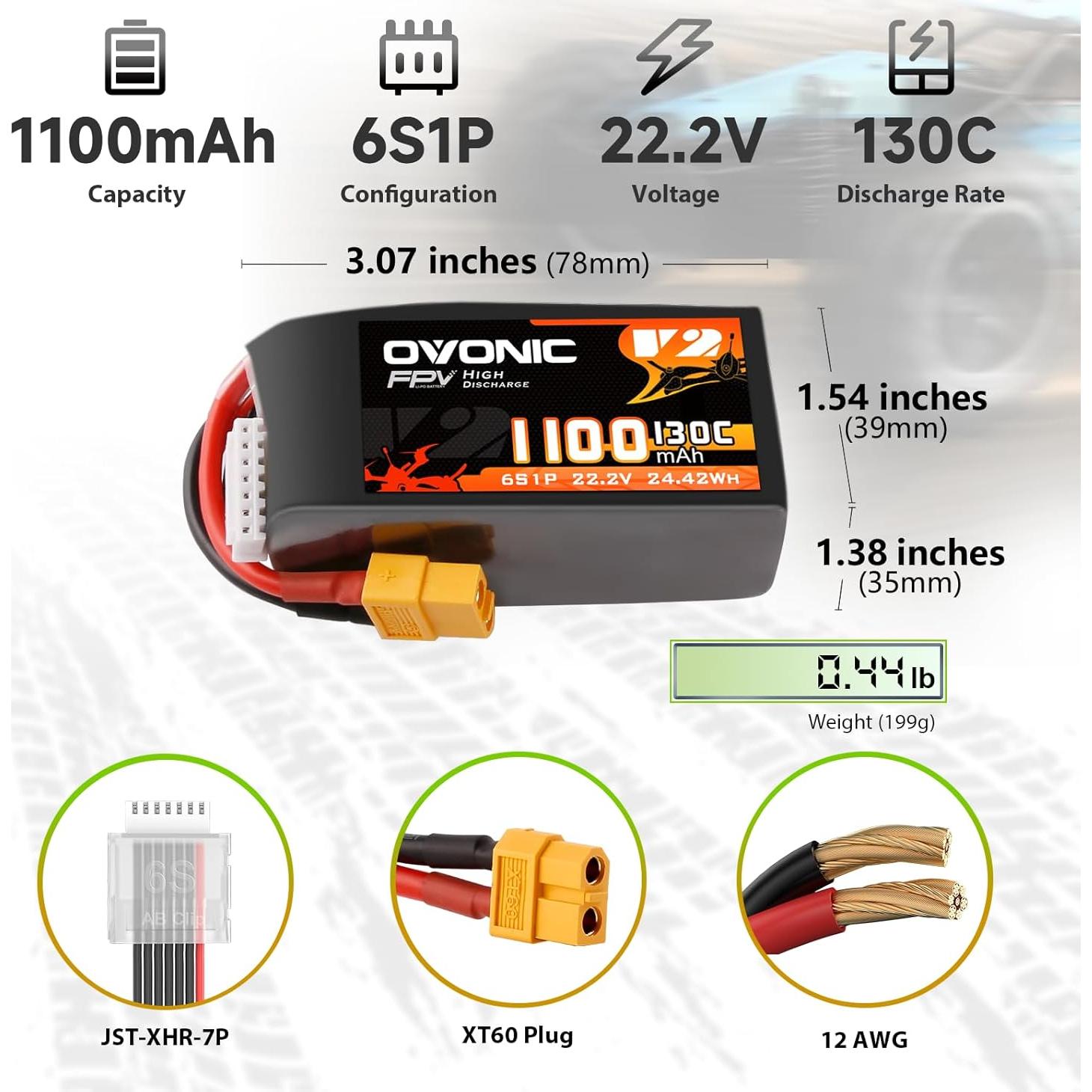 Batería Lipo OVONIC 130C 6S 1100mAh 22.2V XT60 para FPV