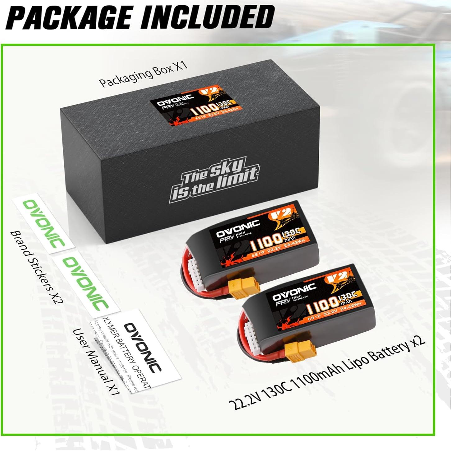 Batería Lipo OVONIC 130C 6S 1100mAh 22.2V XT60 para FPV