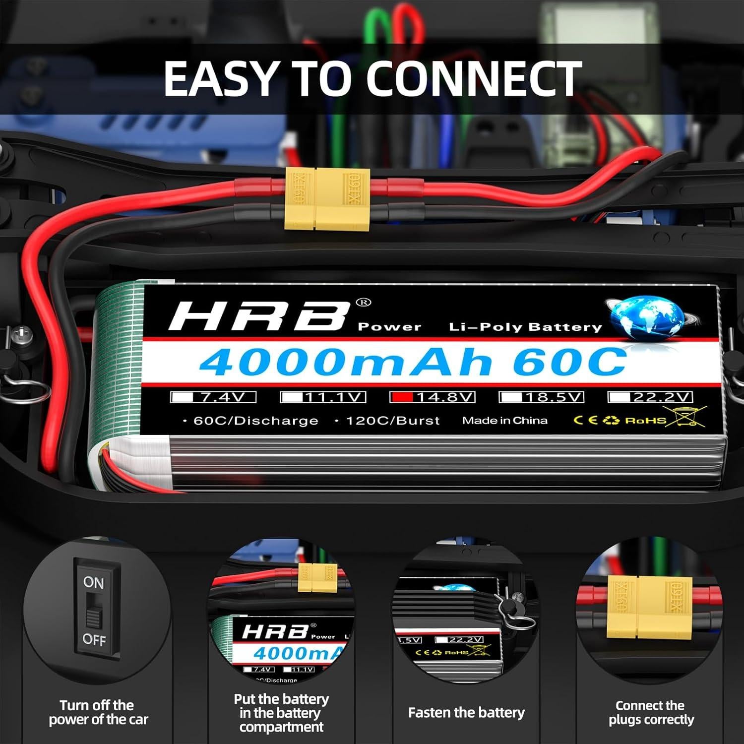 Batería Lipo 4S 4000mAh 60C XT60 HRB para RC - 2 Pcs