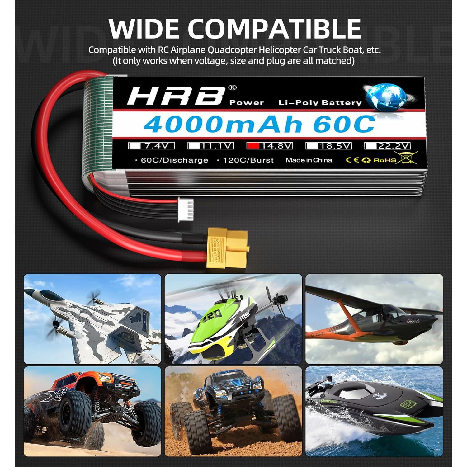 Batería Lipo 4S 4000mAh 60C XT60 HRB para RC - 2 Pcs